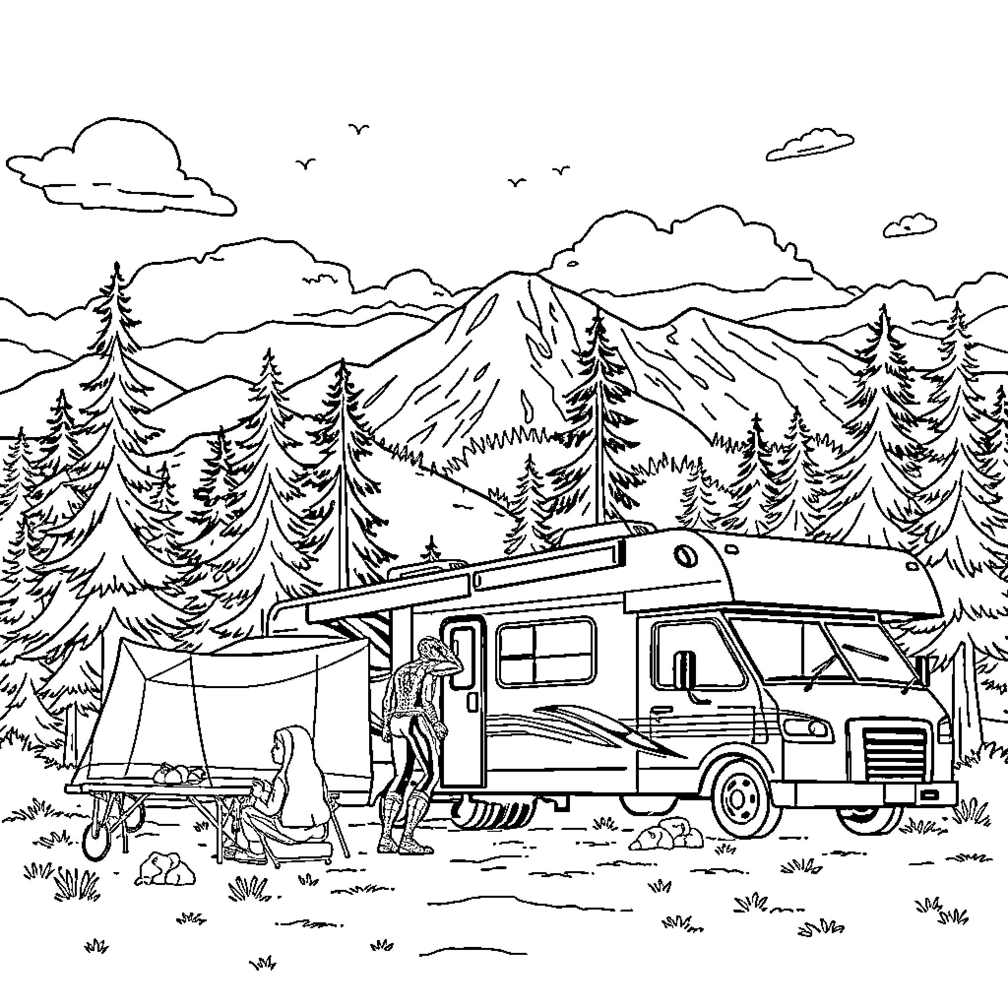 Spiderman Enjoys Camping Adventure in the Mountains Coloring Page (free black-and-white line drawing printable PDF for all, from beginners to advanced learners, including children, teens, adults, and seniors)