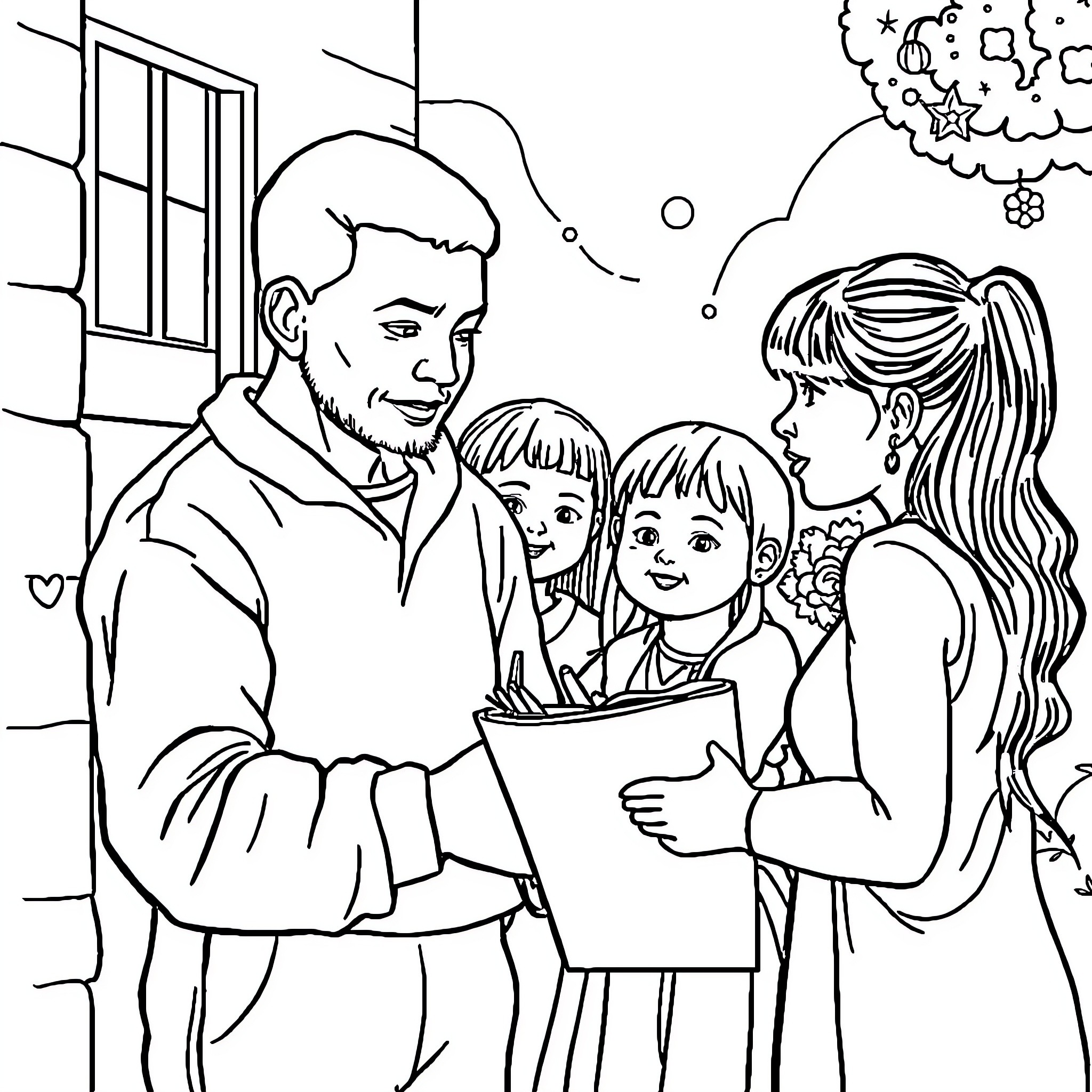 Lingkod Bayan: Family Celebrating with Joy and Togetherness Coloring Page (free black-and-white line drawing printable PDF for all, from beginners to advanced learners, including children, teens, adults, and seniors)