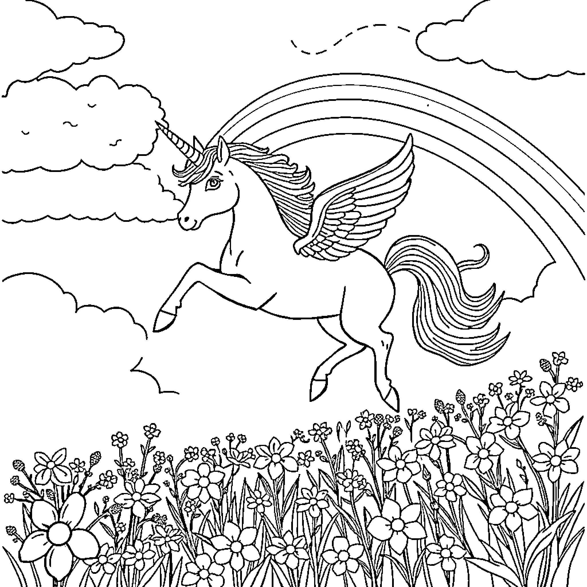 Unicorn soaring through the clouds with wings Coloring Page (free black-and-white line drawing printable PDF for all, from beginners to advanced learners, including children, teens, adults, and seniors)