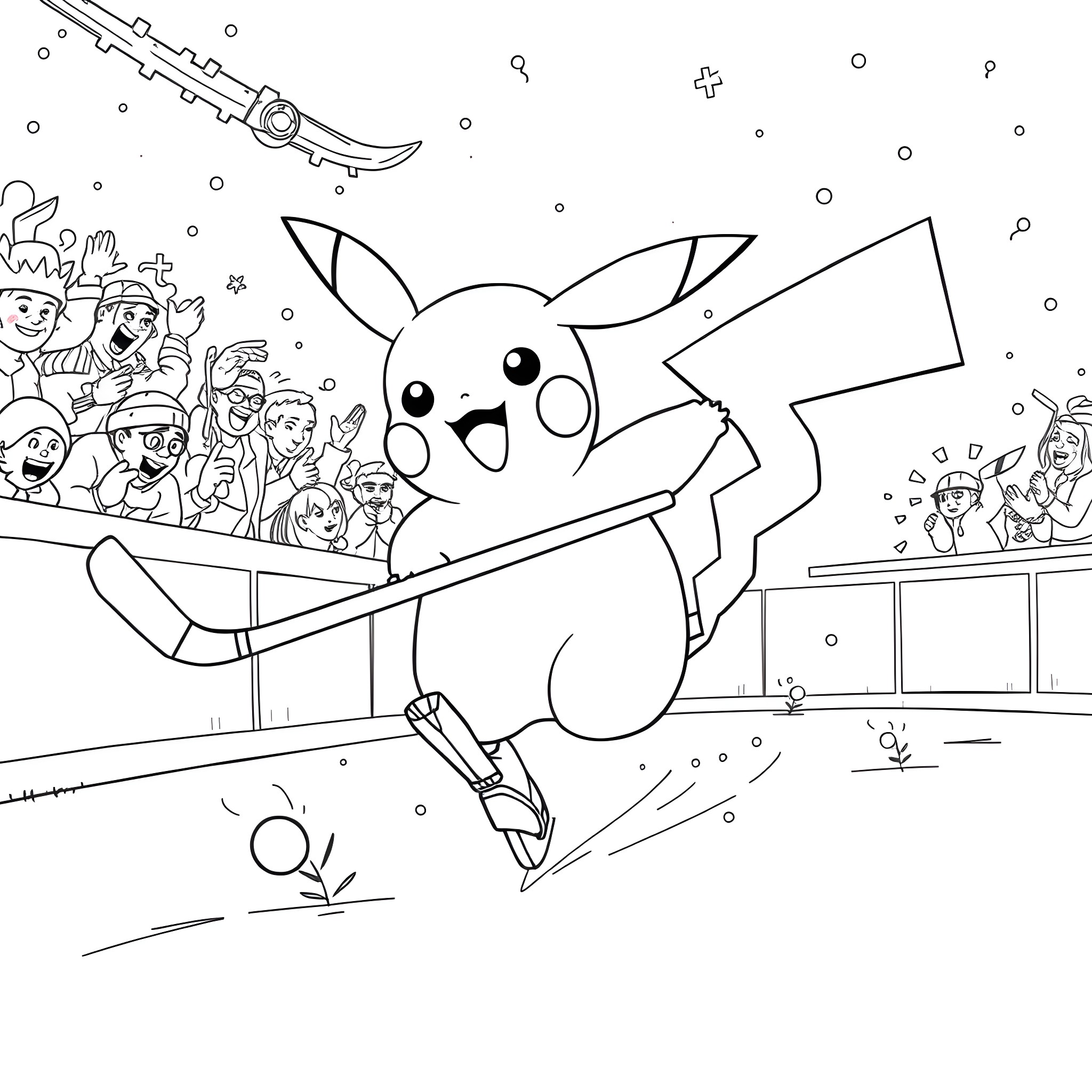 Pikachu Performing on a Stage Coloring Page (free black-and-white line drawing printable PDF for all, from beginners to advanced learners, including children, teens, adults, and seniors)