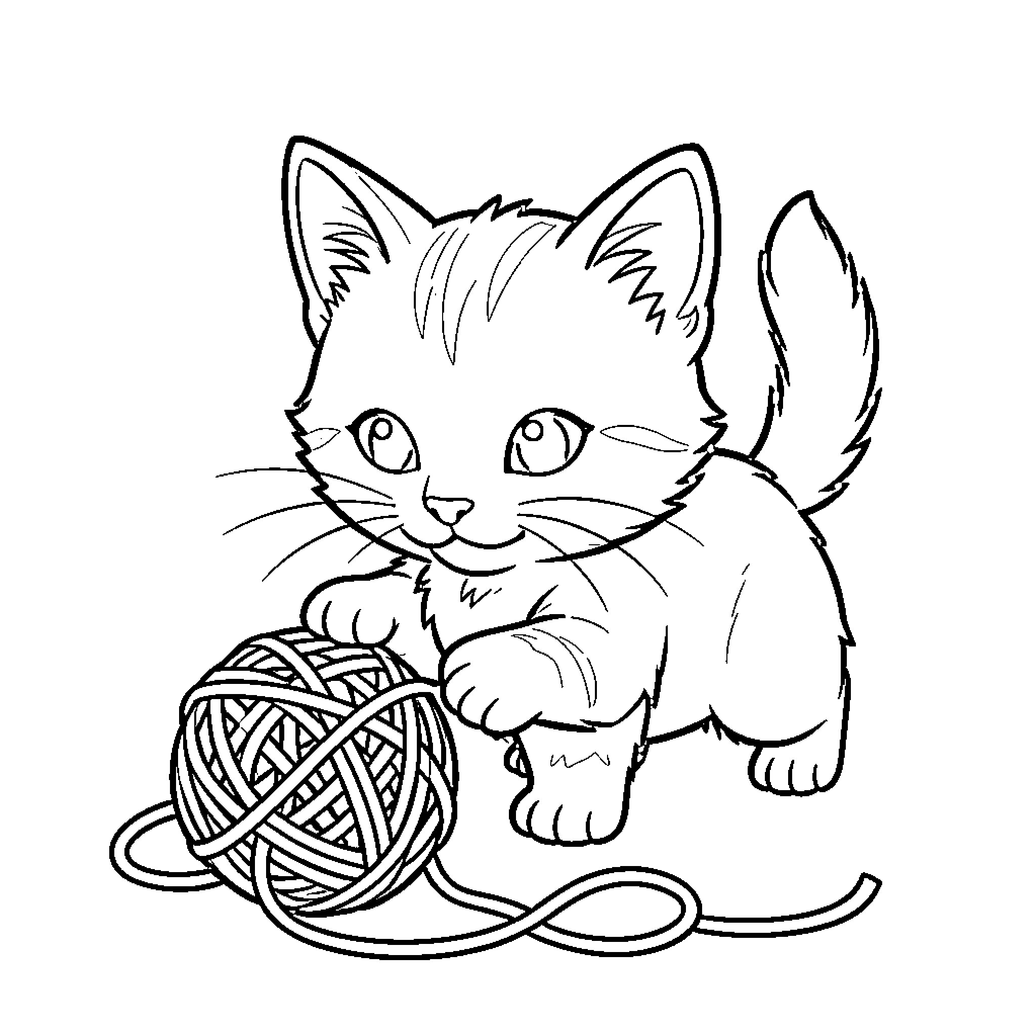 Kitty playing with a ball of yarn Coloring Page (free black-and-white line drawing printable PDF for all, from beginners to advanced learners, including children, teens, adults, and seniors)