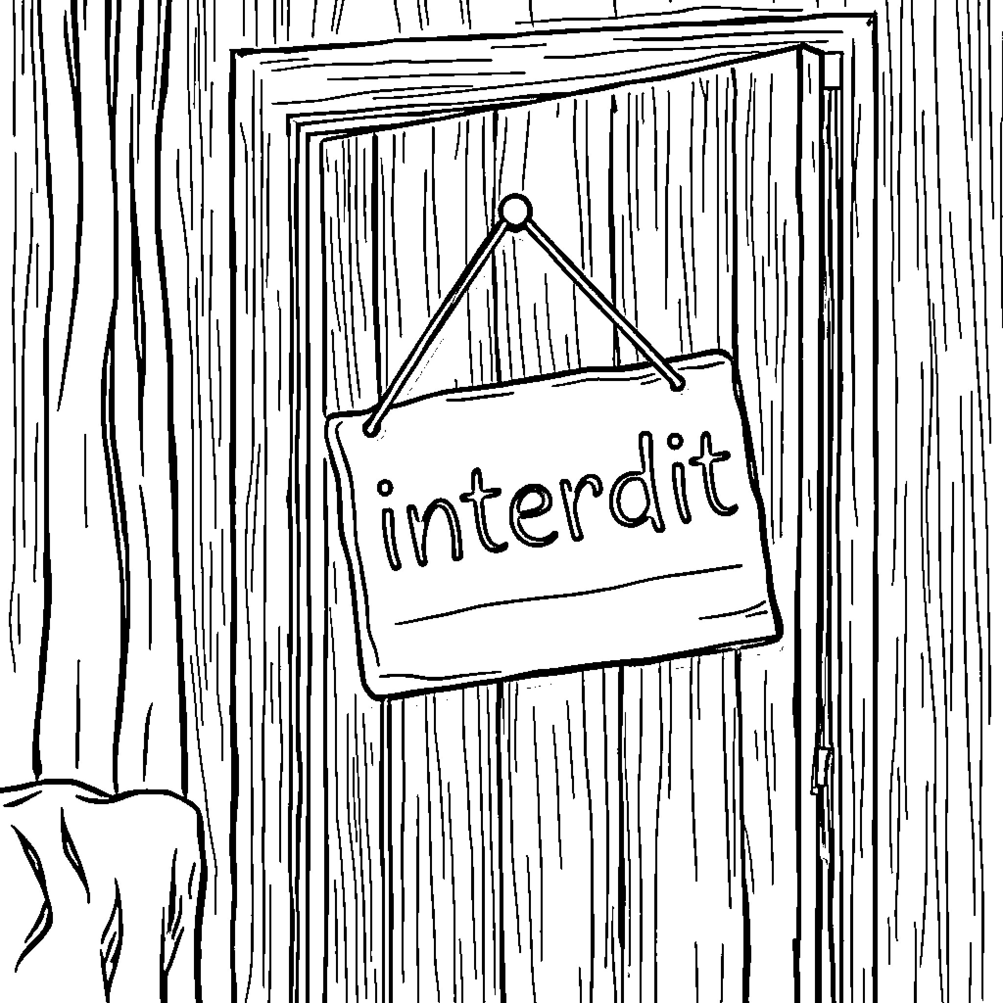 Door Sign Depicting a Hanging 'Interdit' Notice Coloring Page (free black-and-white line drawing printable PDF for all, from beginners to advanced learners, including children, teens, adults, and seniors)
