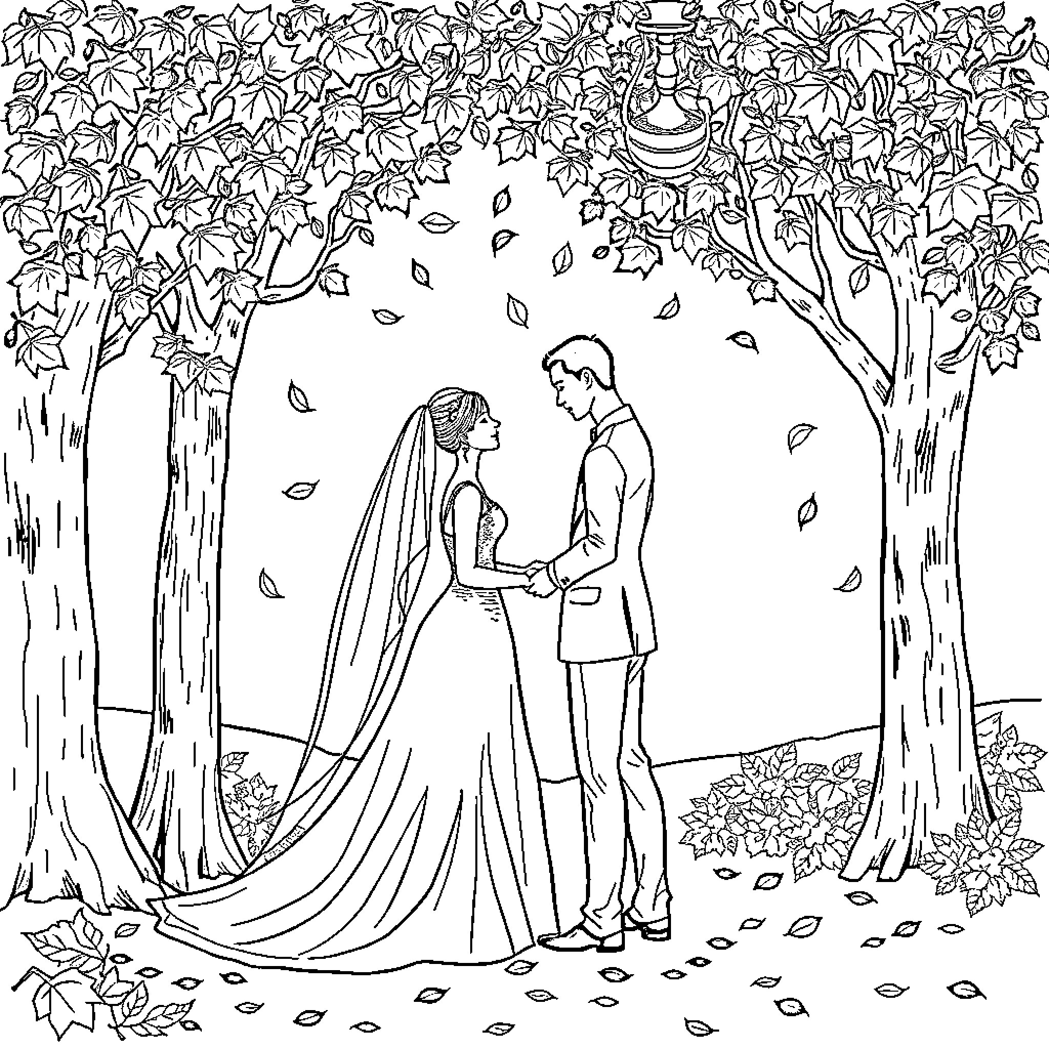 Wedding Celebration Amidst Autumn Foliage Coloring Page (free black-and-white line drawing printable PDF for all, from beginners to advanced learners, including children, teens, adults, and seniors)