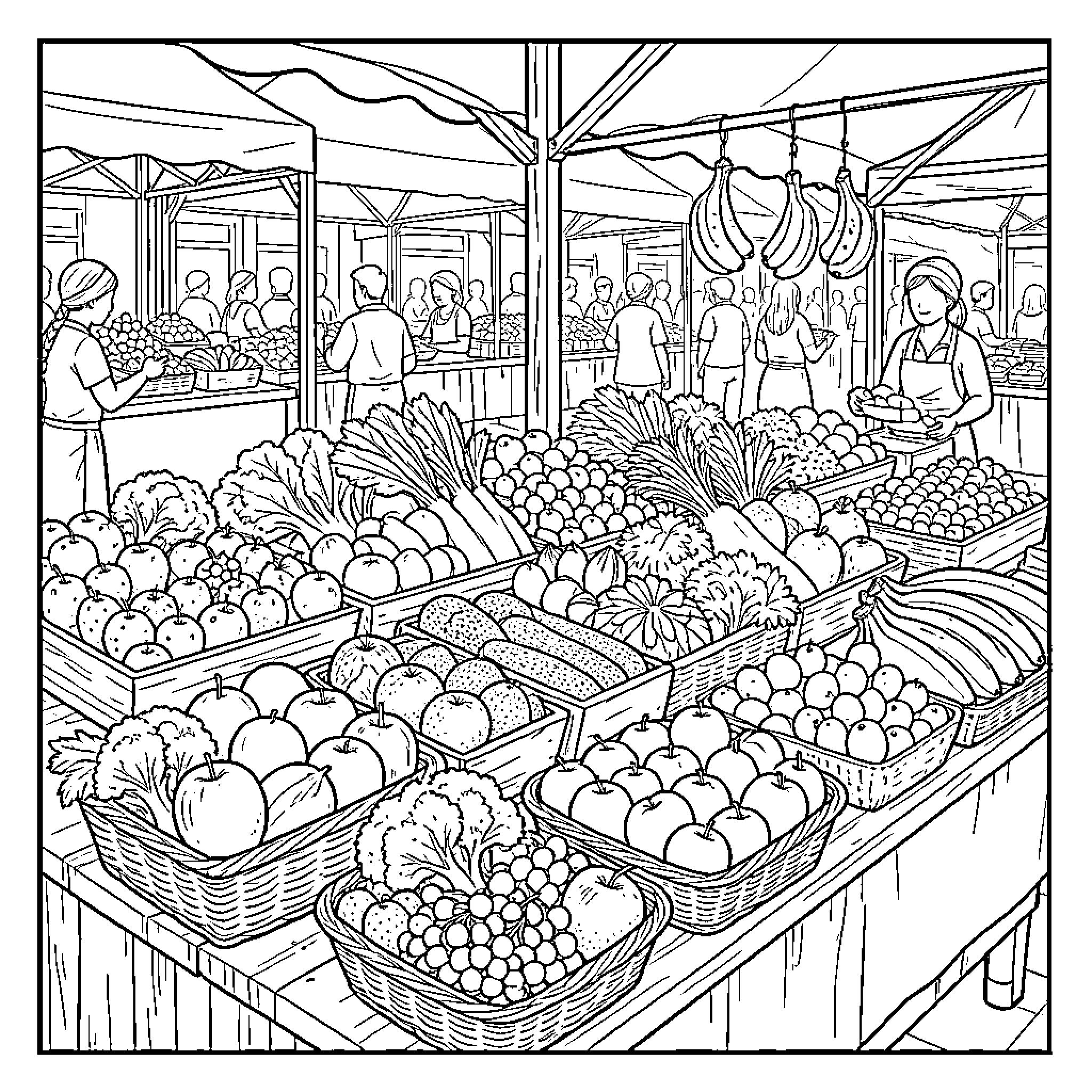 Fruit and Vegetable Market Scene Coloring Page (free black-and-white line drawing printable PDF for all, from beginners to advanced learners, including children, teens, adults, and seniors)