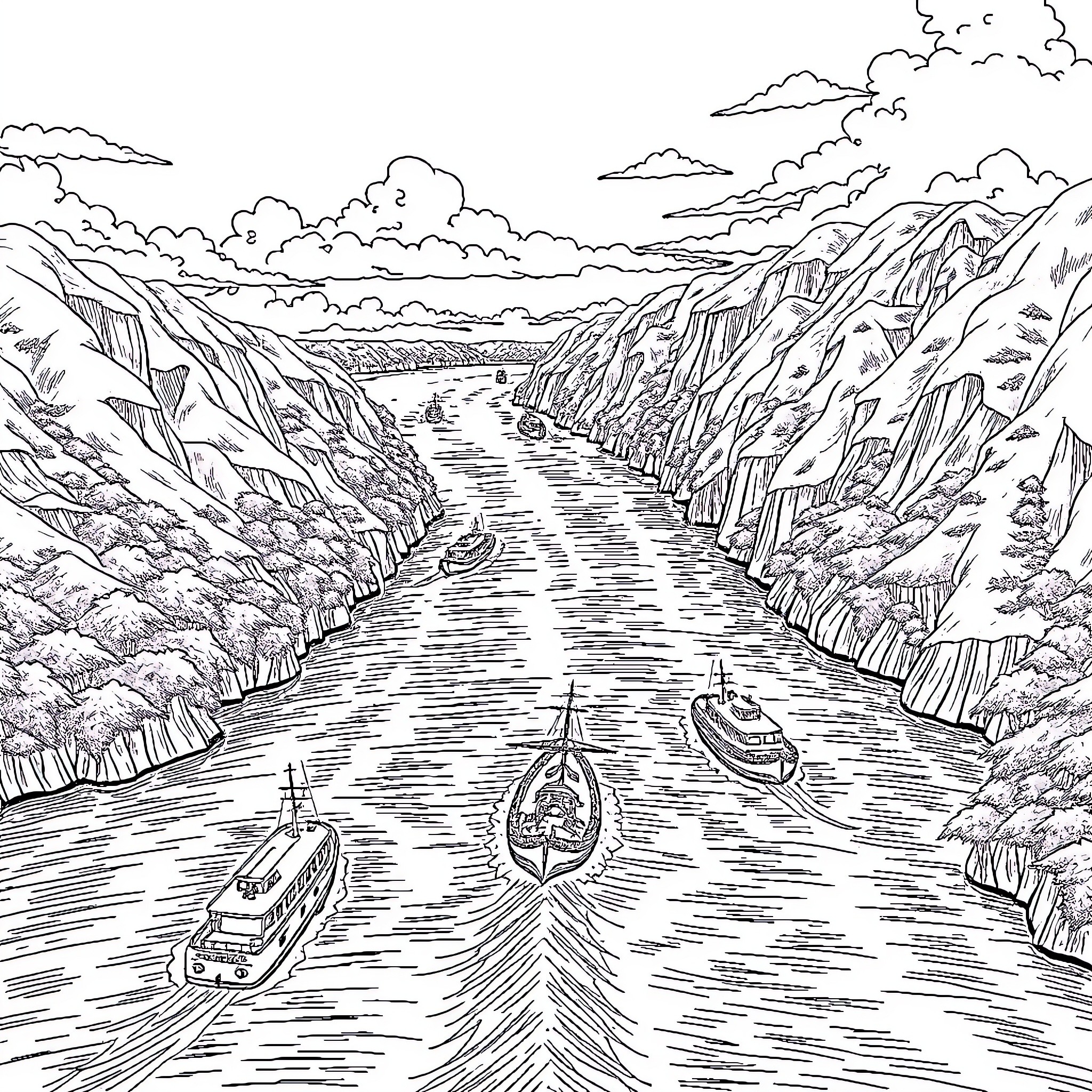 Panama Canal ships navigating through scenic waterway Coloring Page (free black-and-white line drawing printable PDF for all, from beginners to advanced learners, including children, teens, adults, and seniors)