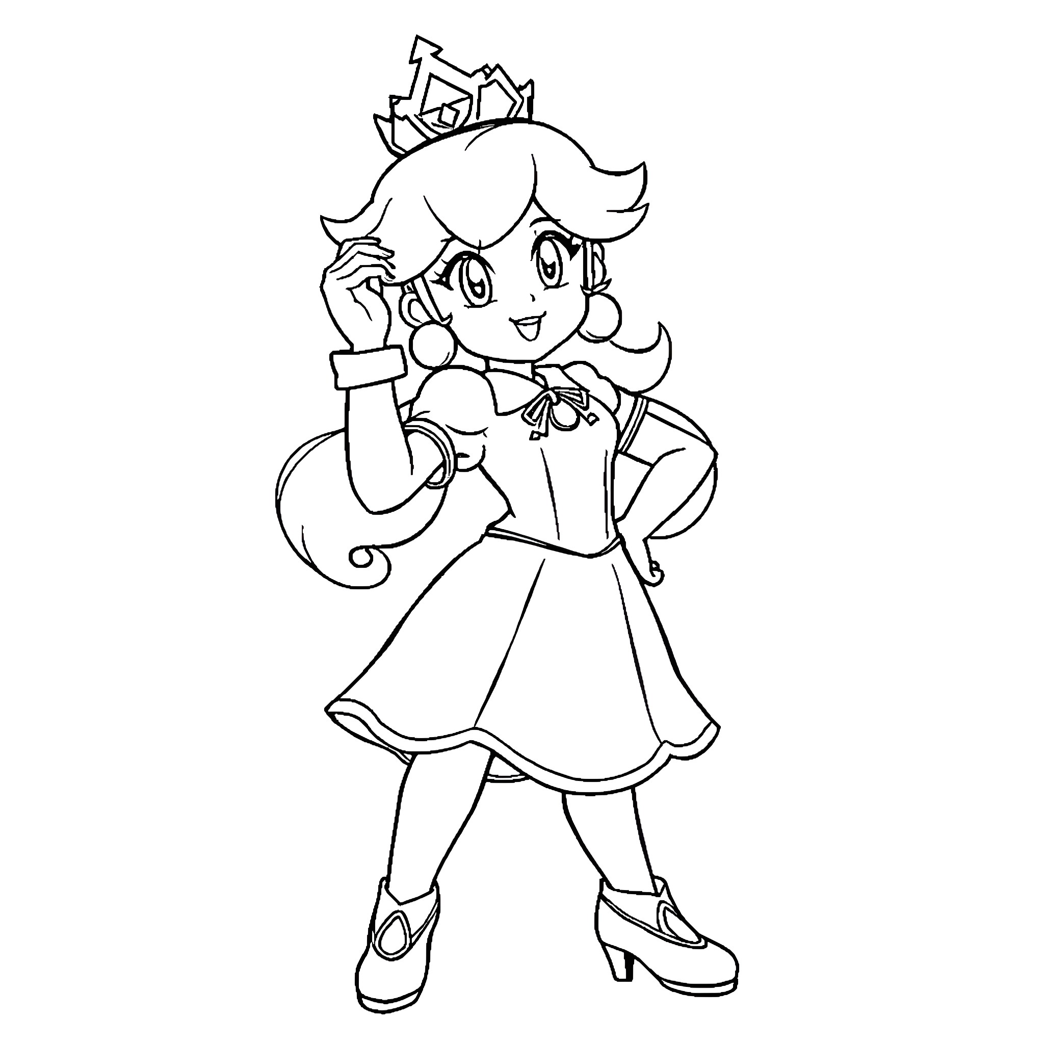 Princess Waving and Smiling in Elegant Dress Coloring Page (free black-and-white line drawing printable PDF for all, from beginners to advanced learners, including children, teens, adults, and seniors)