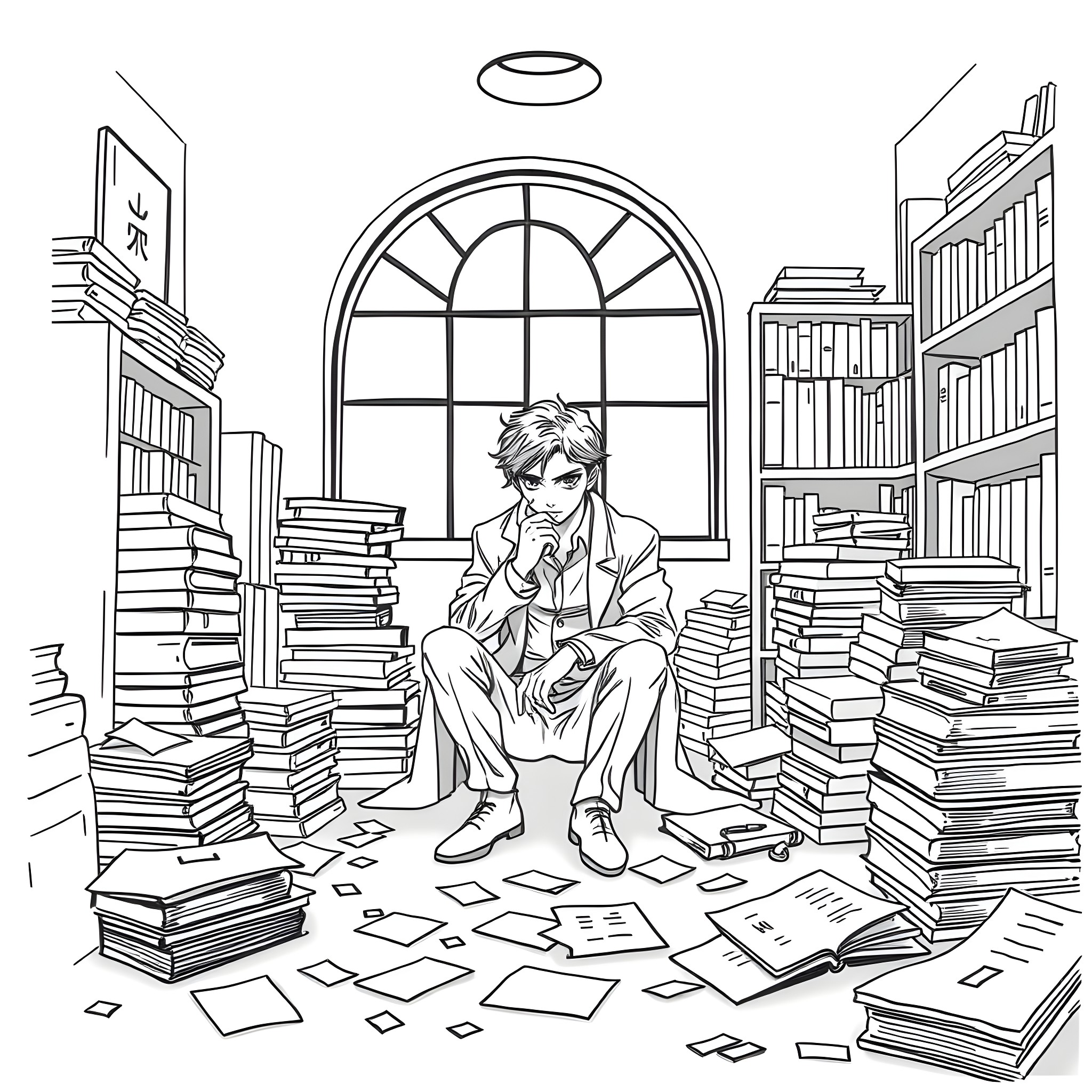 Library Scene: Boy Immersed in Books Coloring Page (free black-and-white line drawing printable PDF for all, from beginners to advanced learners, including children, teens, adults, and seniors)