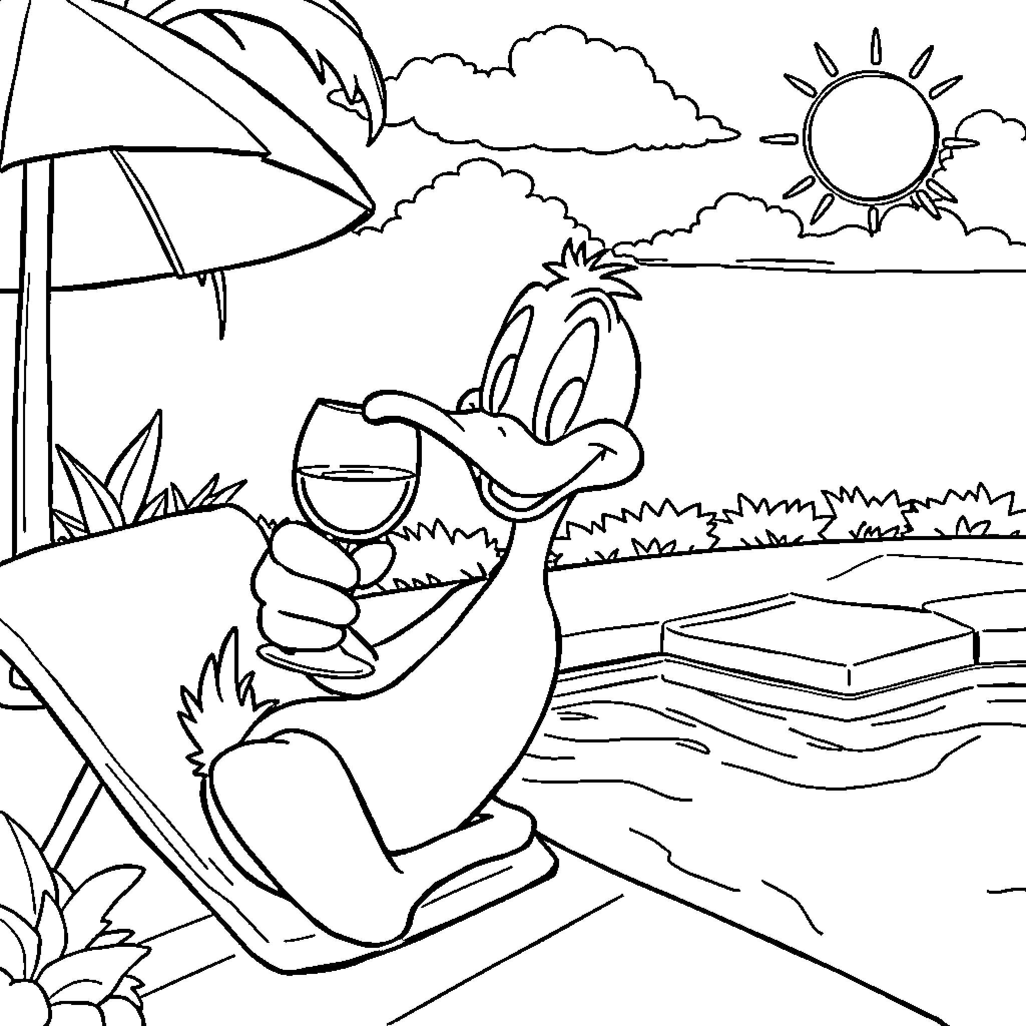 Daffy Duck relaxing on the beach with a drink Coloring Page (free black-and-white line drawing printable PDF for all, from beginners to advanced learners, including children, teens, adults, and seniors)