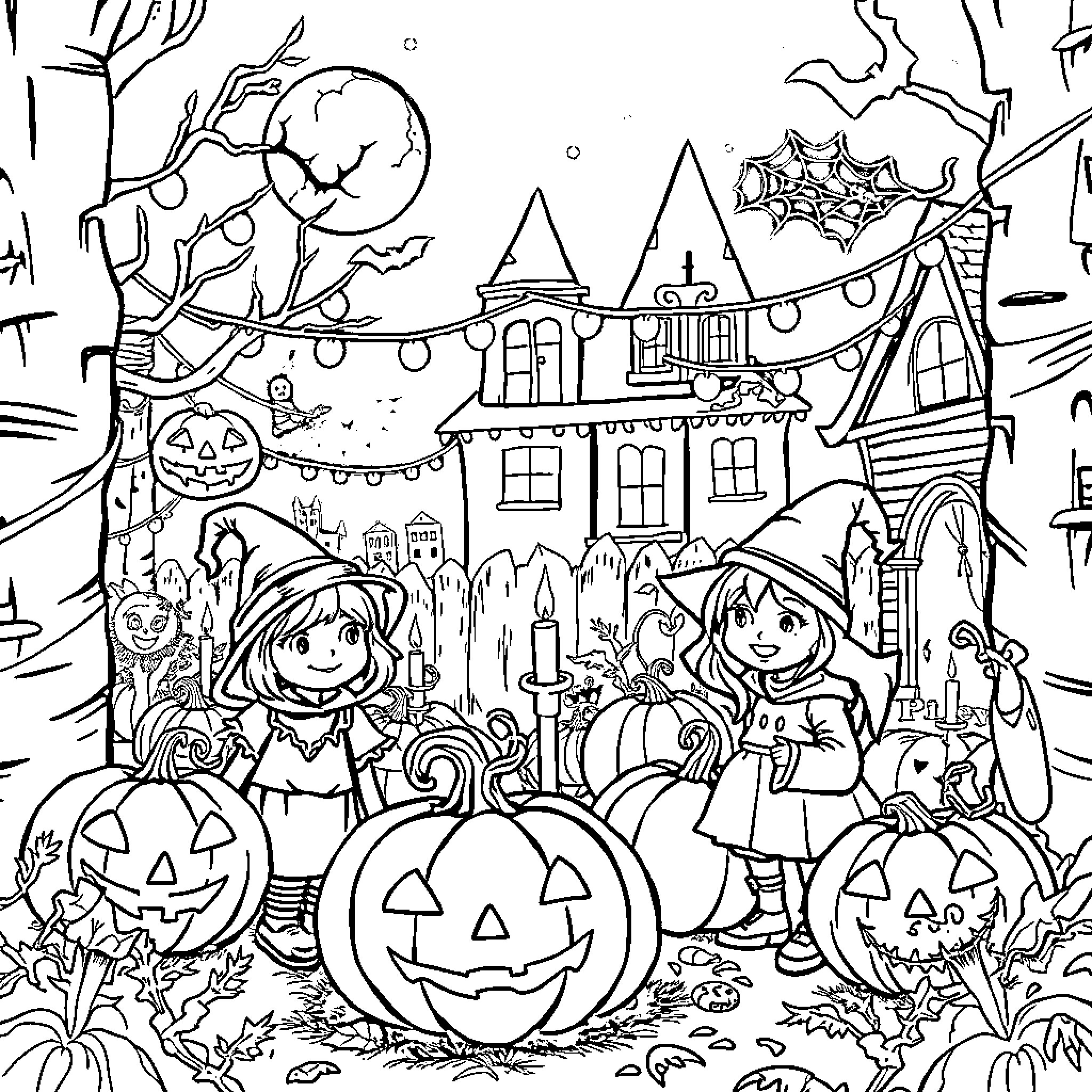 Halloween Night in a Spooky Neighborhood Coloring Page (free black-and-white line drawing printable PDF for all, from beginners to advanced learners, including children, teens, adults, and seniors)