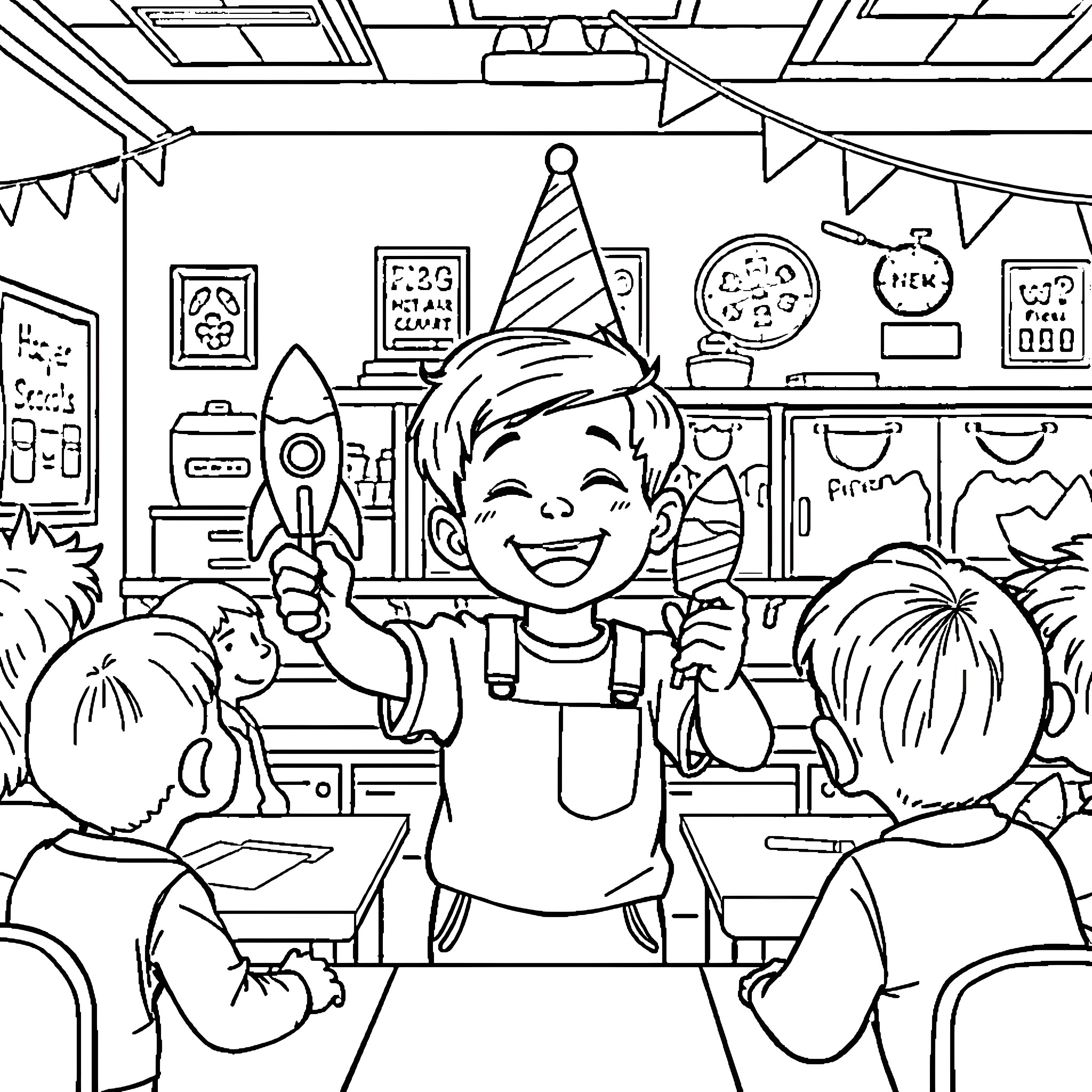 Boy having a party in his classroom Coloring Page (free black-and-white line drawing printable PDF for all, from beginners to advanced learners, including children, teens, adults, and seniors)