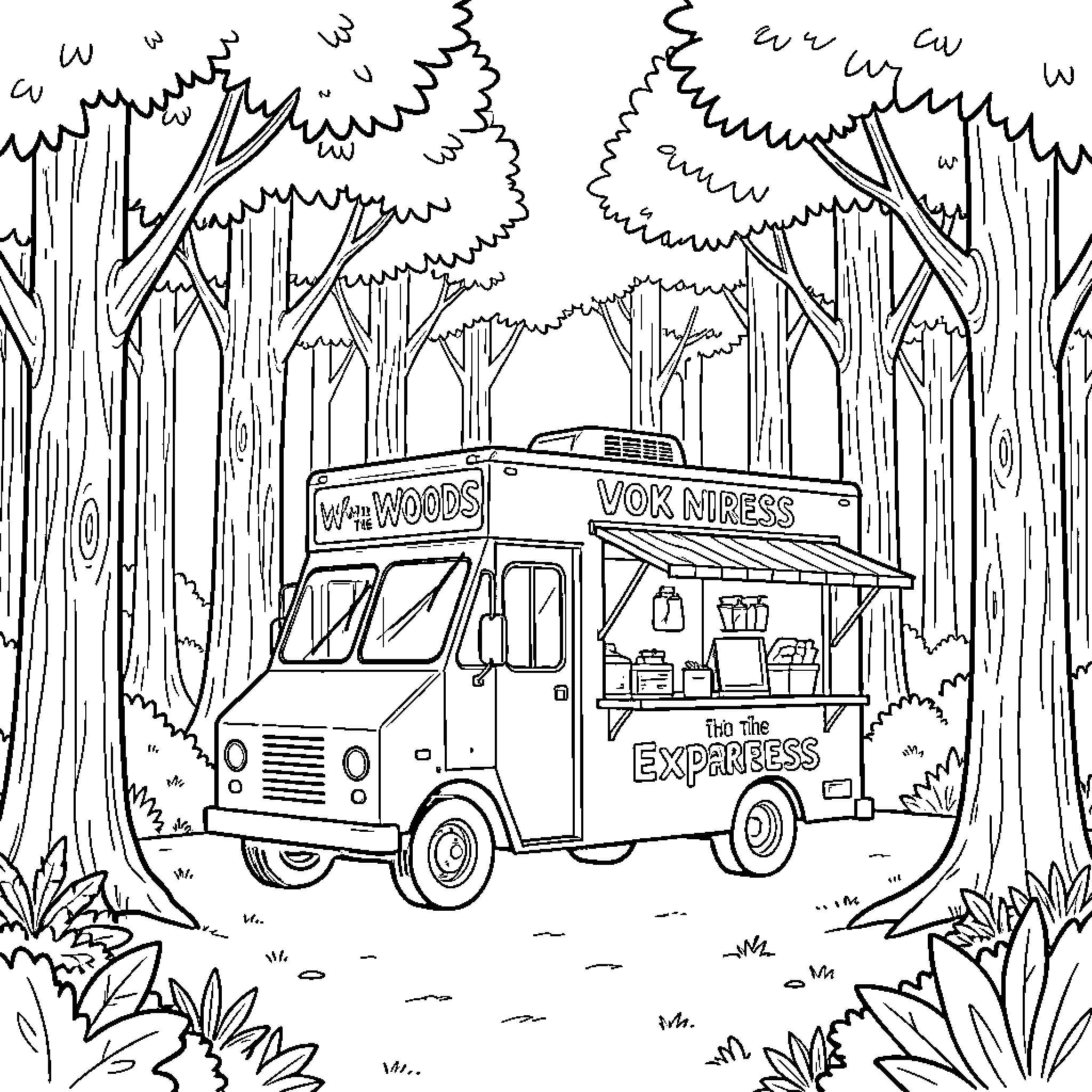 Wok food truck parked in a dense forest Coloring Page (free black-and-white line drawing printable PDF for all, from beginners to advanced learners, including children, teens, adults, and seniors)