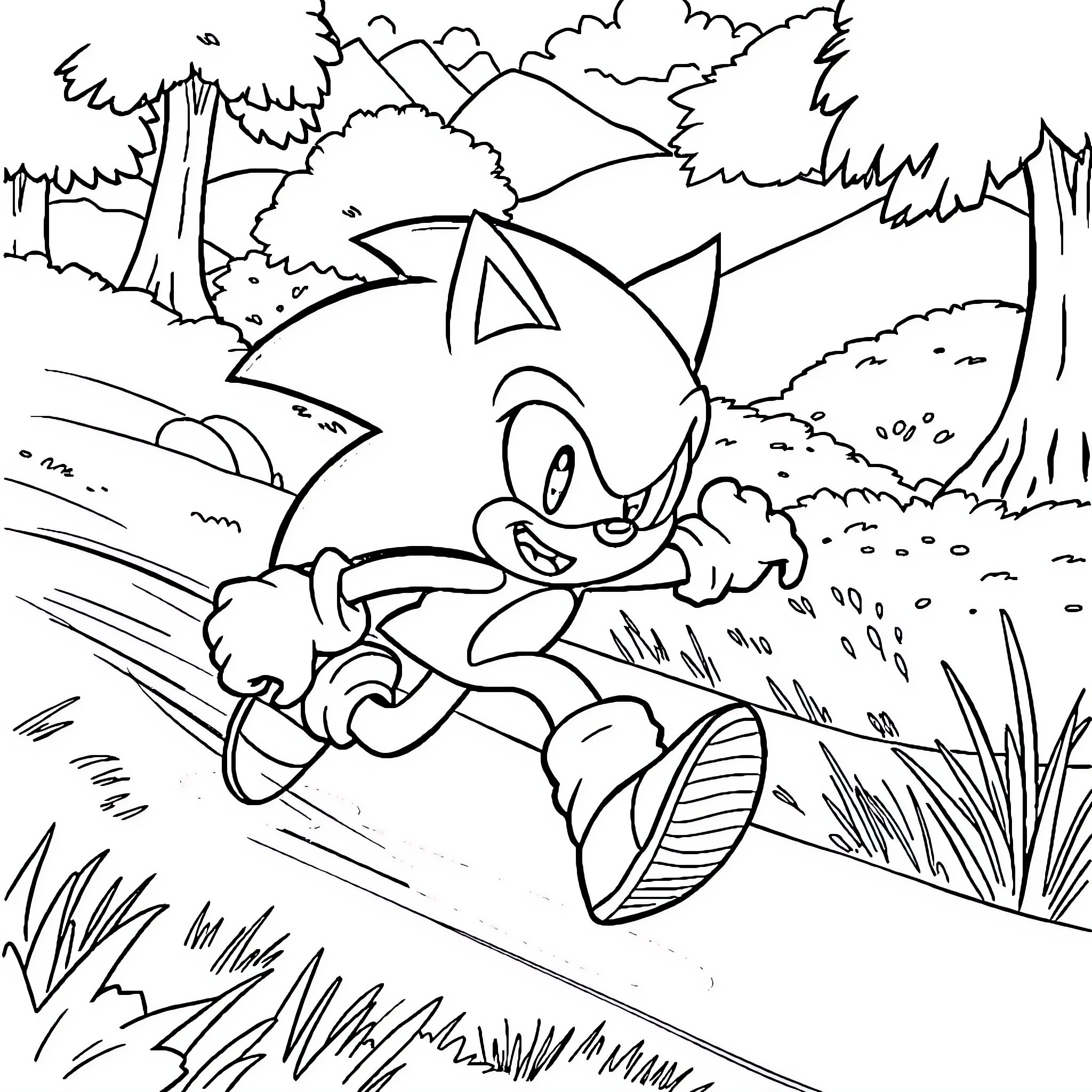 Sonic speeding through a forest landscape Coloring Page (free black-and-white line drawing printable PDF for all, from beginners to advanced learners, including children, teens, adults, and seniors)
