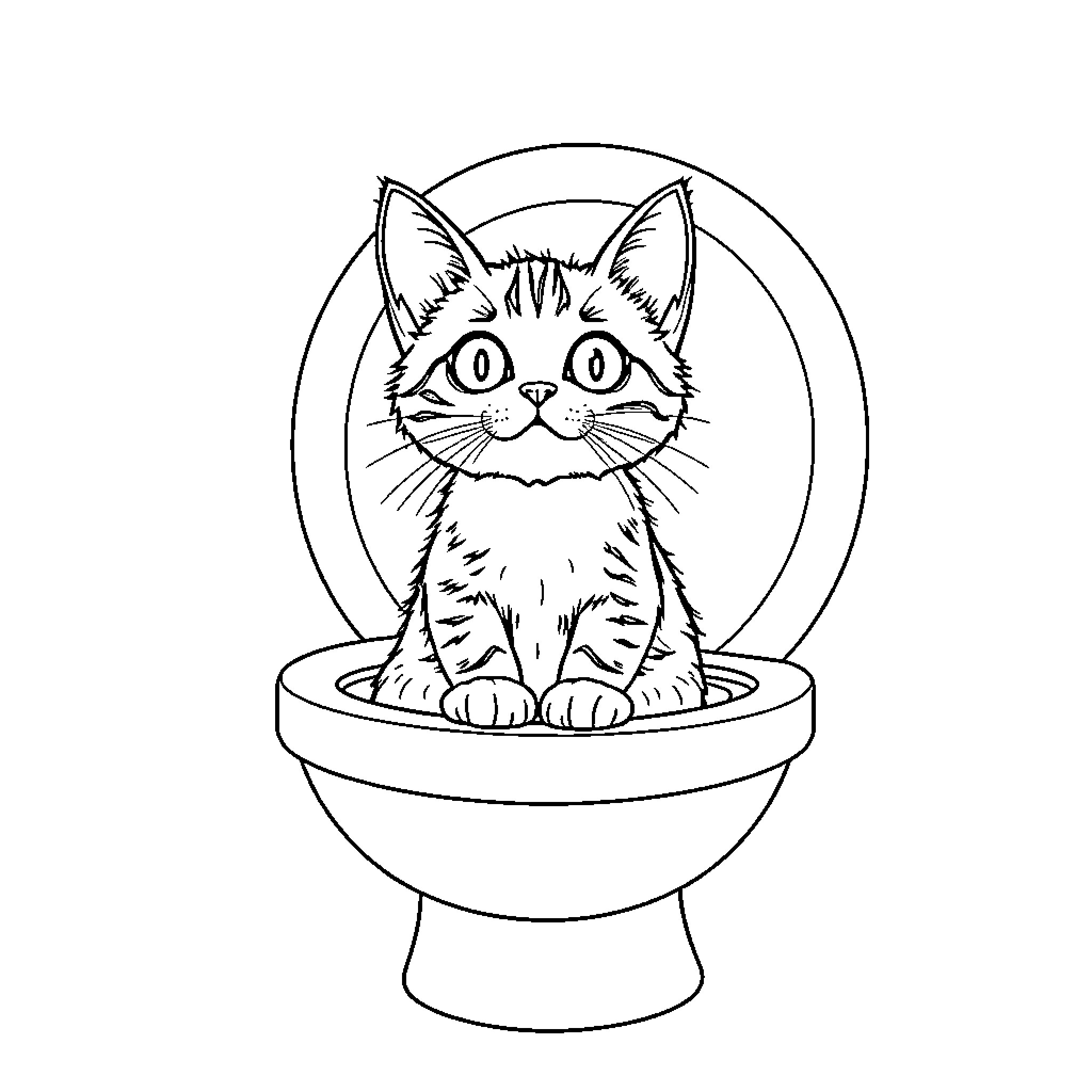 Cat sitting in a toilet bowl Coloring Page (free black-and-white line drawing printable PDF for all, from beginners to advanced learners, including children, teens, adults, and seniors)