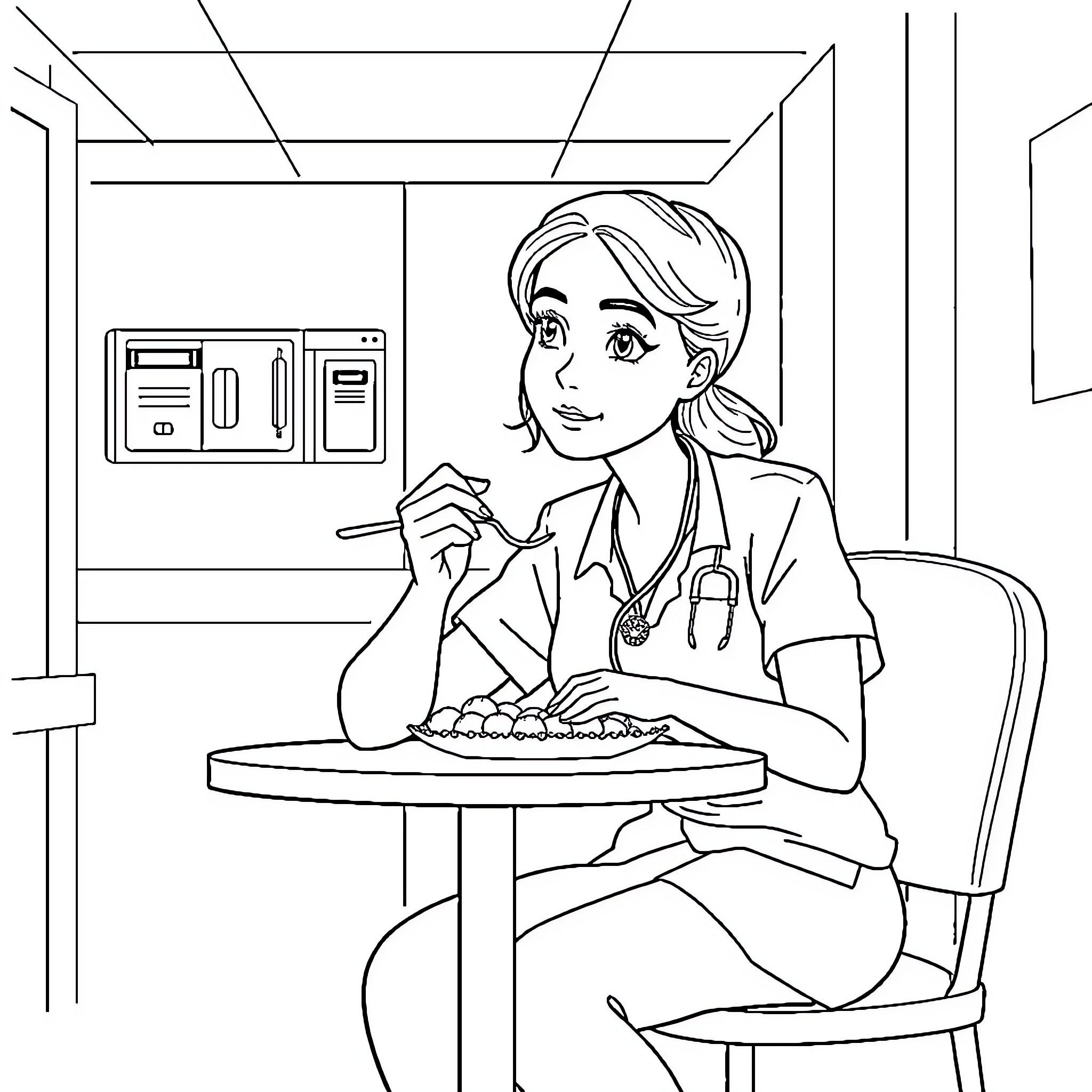 Dietitian discussing nutrition plan with patient Coloring Page (free black-and-white line drawing printable PDF for all, from beginners to advanced learners, including children, teens, adults, and seniors)