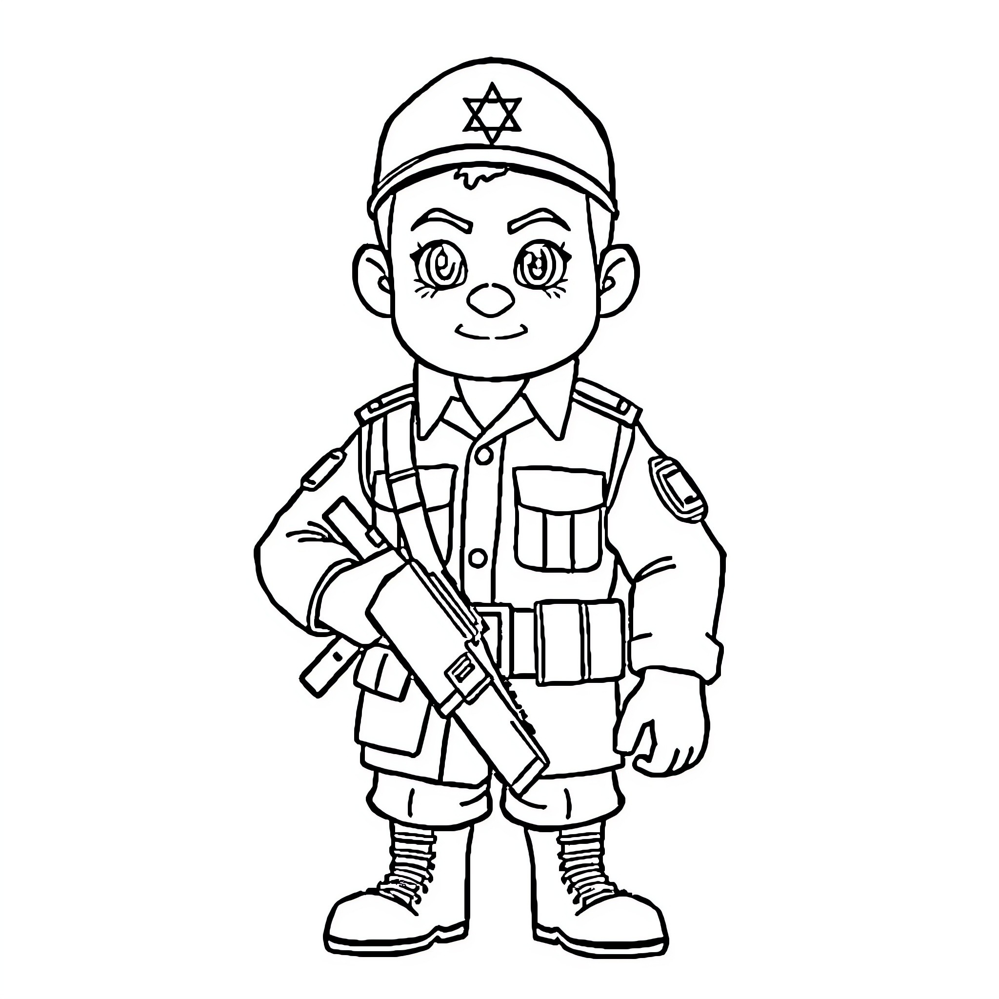 Bluey dressed as an armed soldier Coloring Page (free black-and-white line drawing printable PDF for all, from beginners to advanced learners, including children, teens, adults, and seniors)