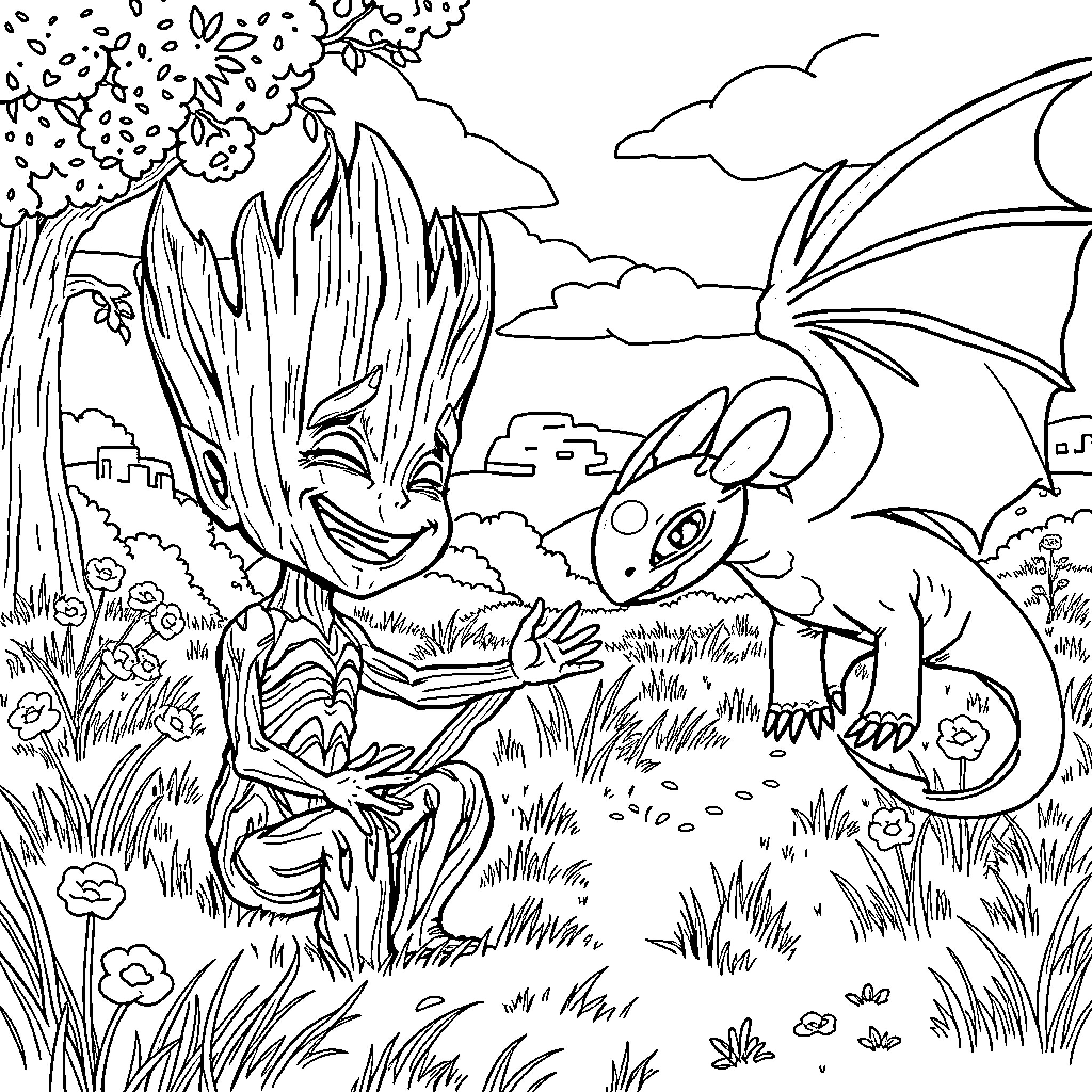 Groot and the Friendly Dragon in the Meadow Coloring Page (free black-and-white line drawing printable PDF for all, from beginners to advanced learners, including children, teens, adults, and seniors)