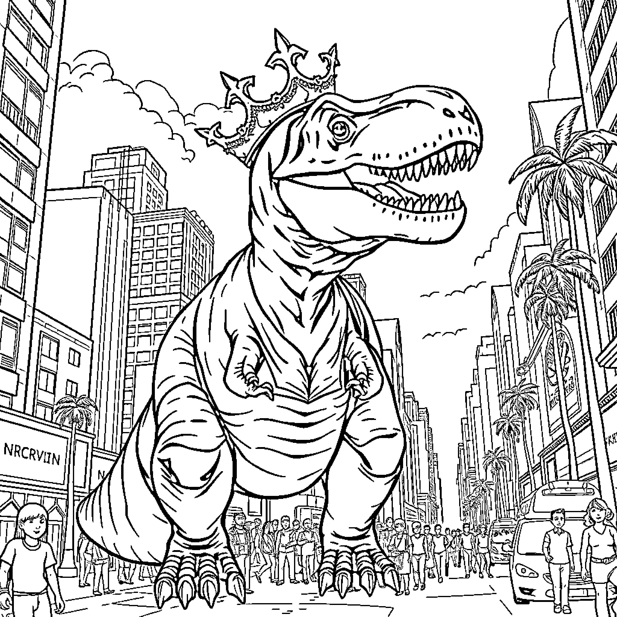 Indominus Rex terrorizing a city skyline Coloring Page (free black-and-white line drawing printable PDF for all, from beginners to advanced learners, including children, teens, adults, and seniors)