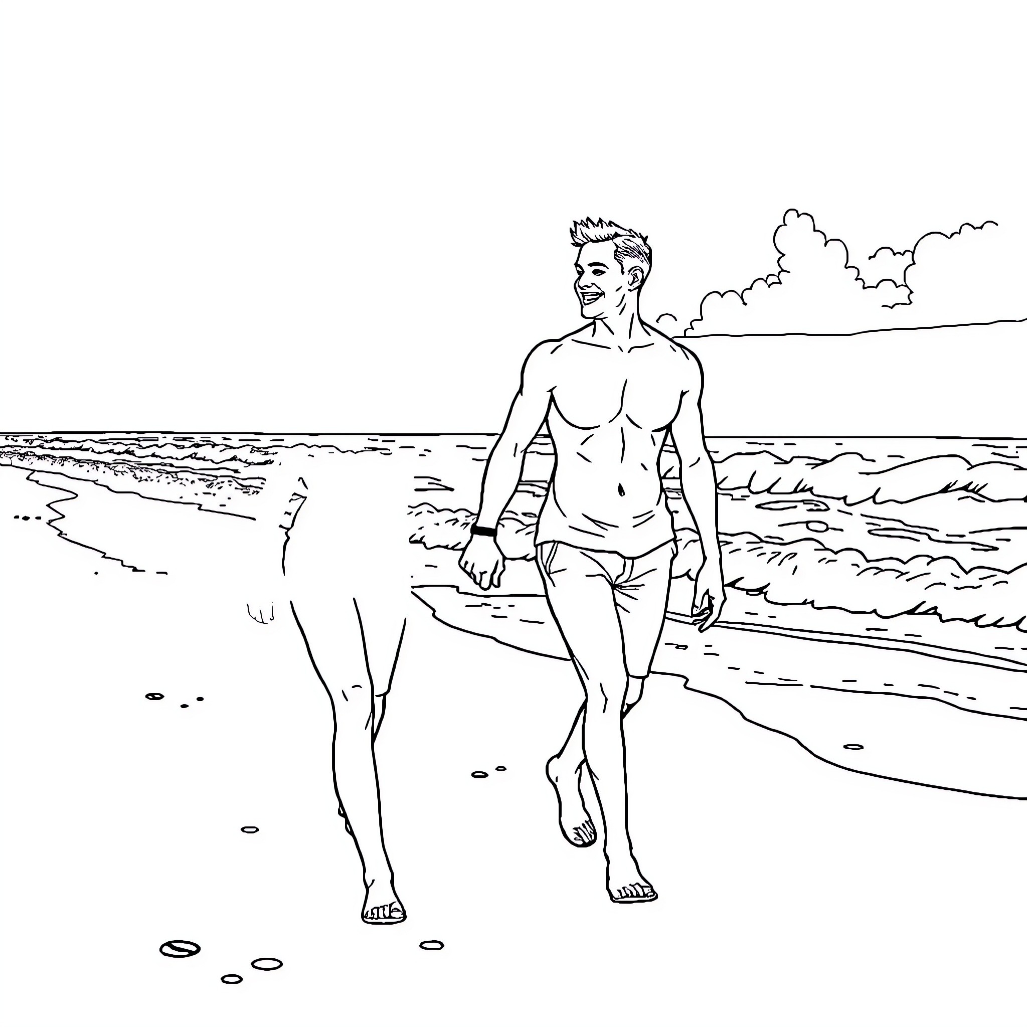 Couple enjoying a walk on the beach Coloring Page (free black-and-white line drawing printable PDF for all, from beginners to advanced learners, including children, teens, adults, and seniors)
