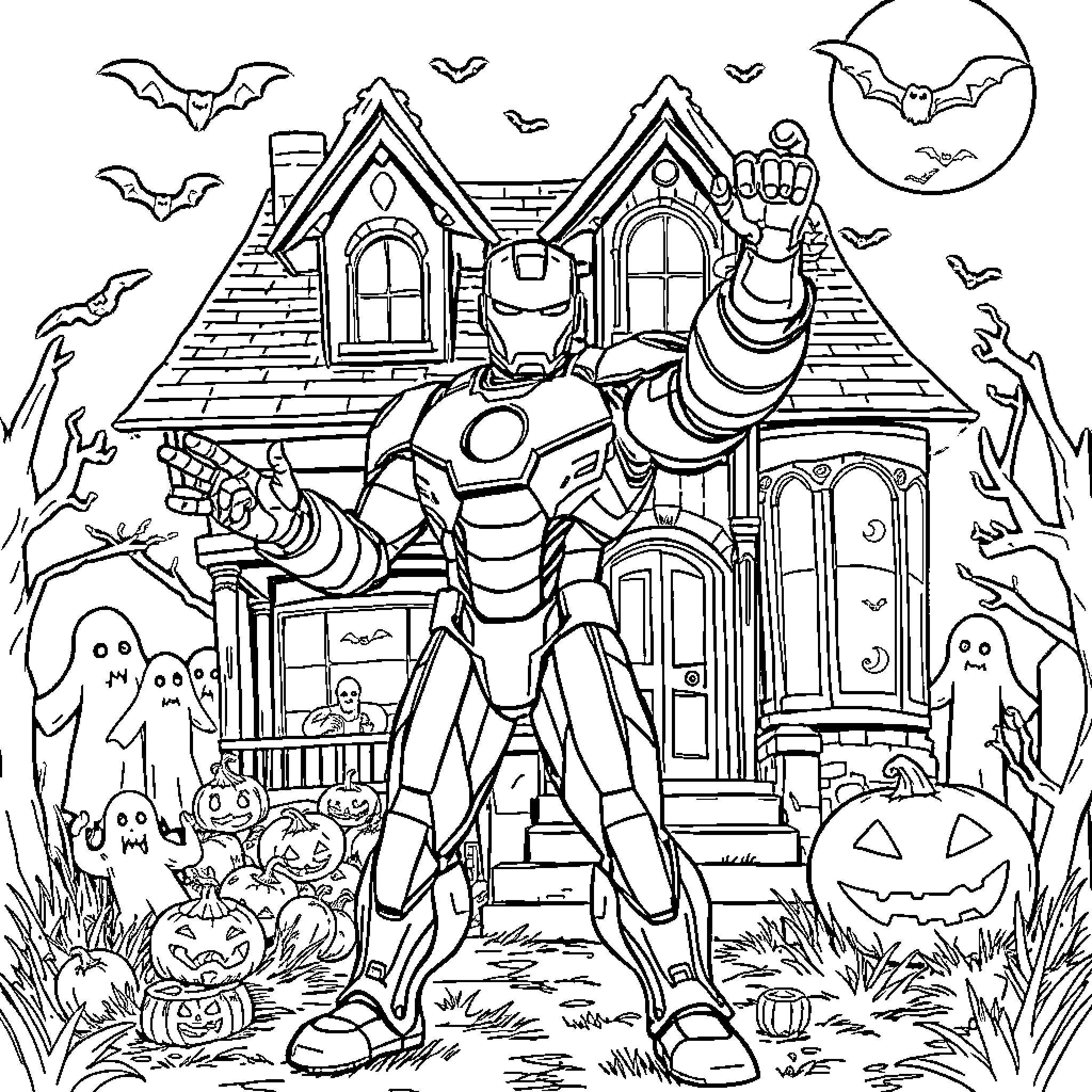 Ironman's Halloween Adventure at the Haunted House Coloring Page (free black-and-white line drawing printable PDF for all, from beginners to advanced learners, including children, teens, adults, and seniors)