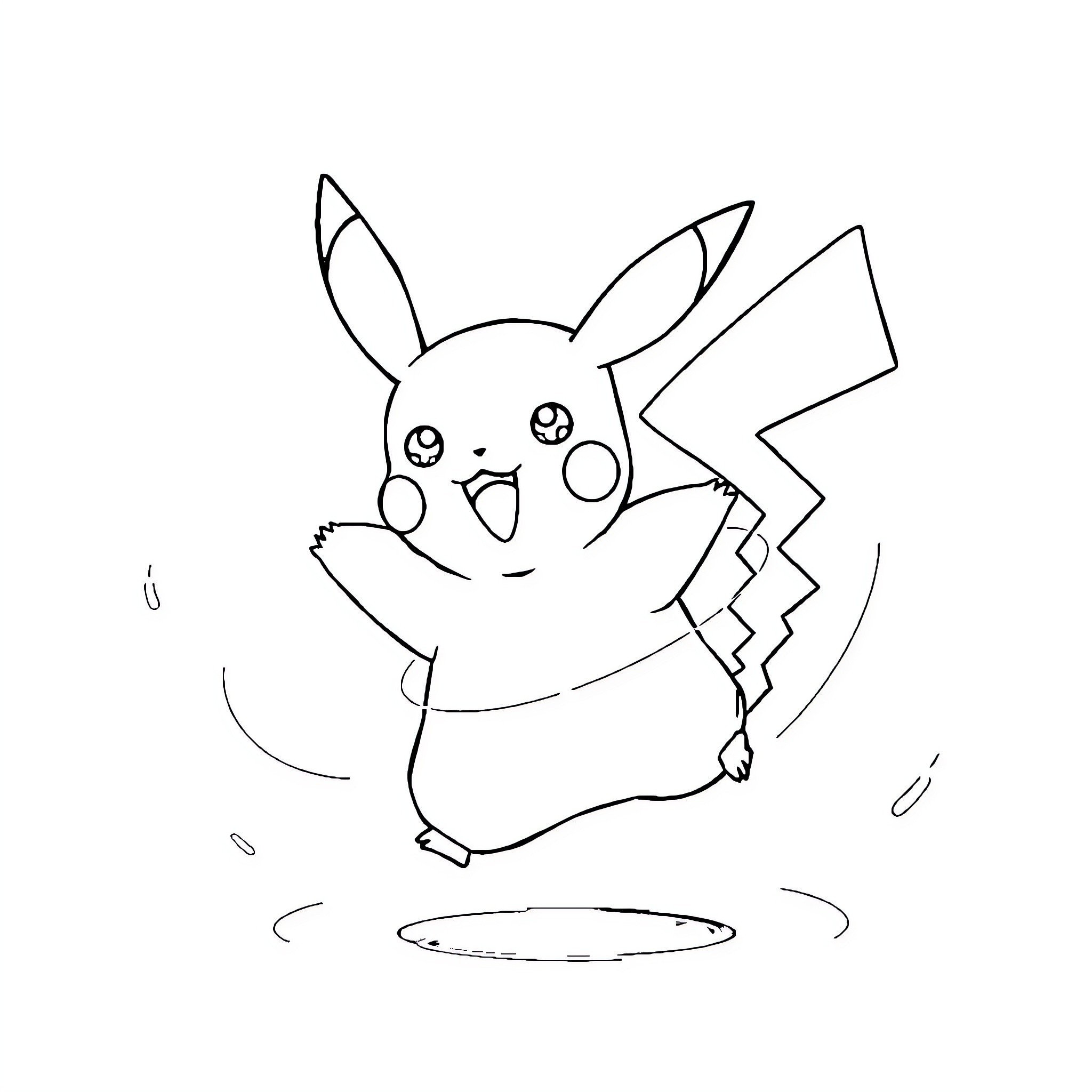 Pikachu cheerfully jumping in the air Coloring Page (free black-and-white line drawing printable PDF for all, from beginners to advanced learners, including children, teens, adults, and seniors)