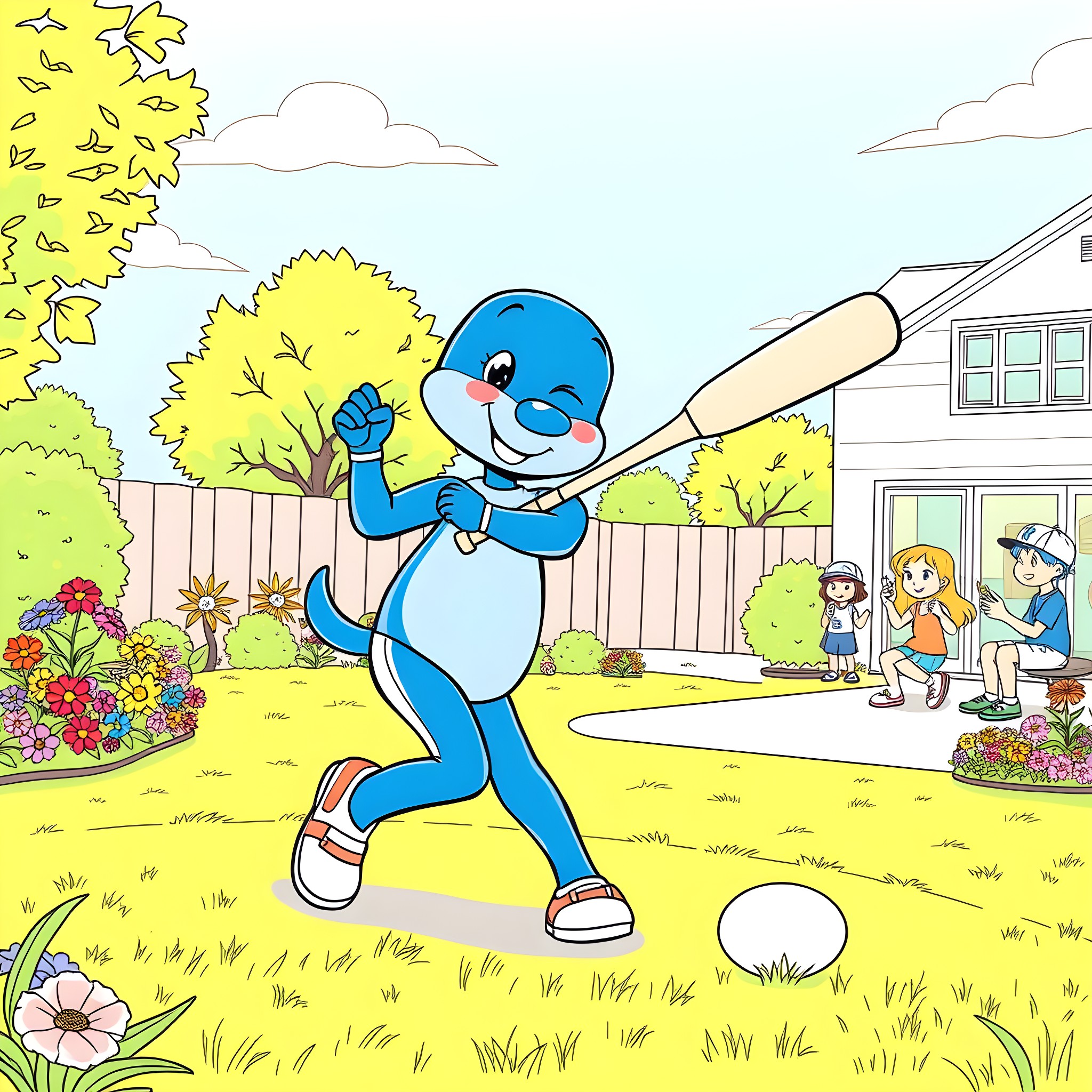 Bluey playing baseball in the backyard Coloring Page (free black-and-white line drawing printable PDF for all, from beginners to advanced learners, including children, teens, adults, and seniors)