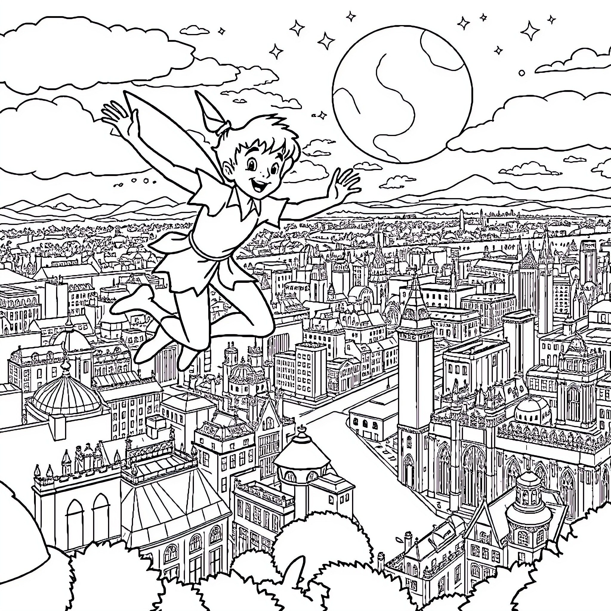 Peter Pan soaring over the enchanting city skyline Coloring Page (free black-and-white line drawing printable PDF for all, from beginners to advanced learners, including children, teens, adults, and seniors)