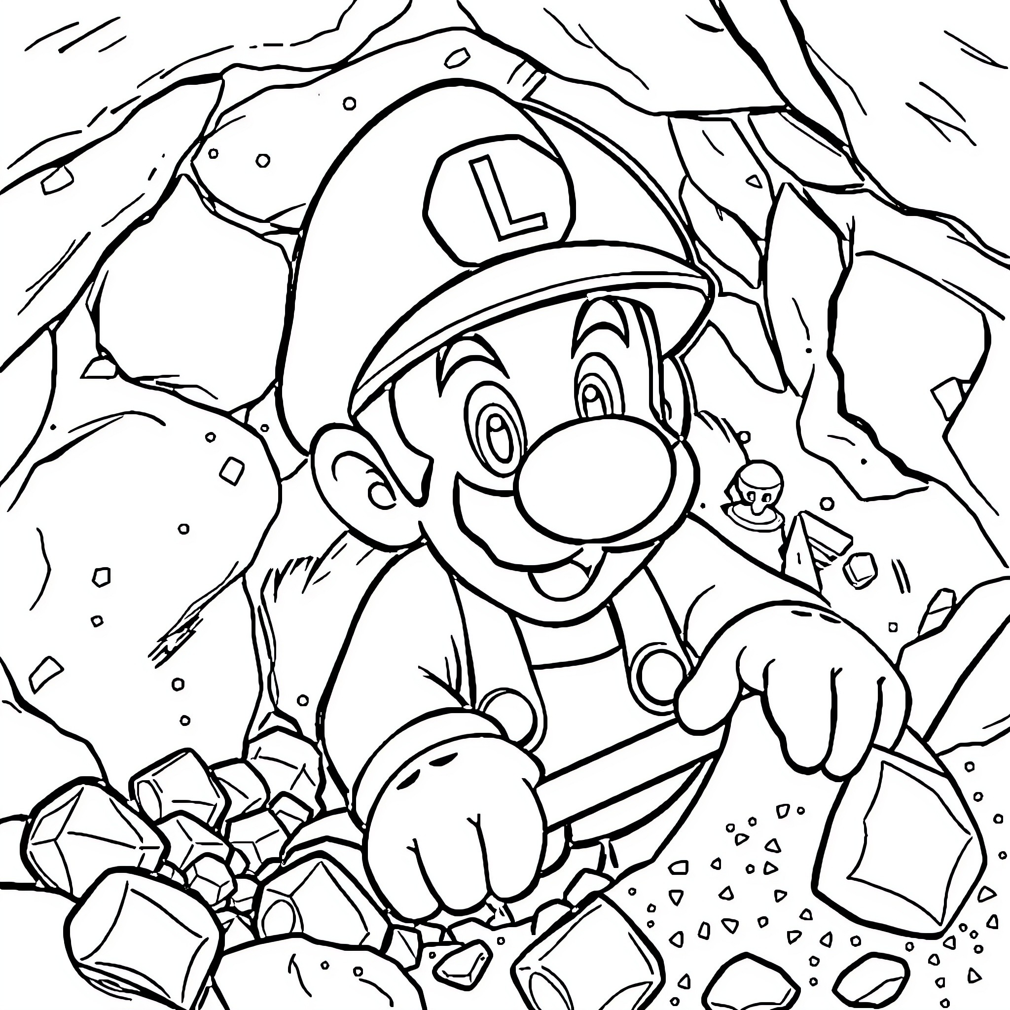 Luigi exploring the mysterious cavern Coloring Page (free black-and-white line drawing printable PDF for all, from beginners to advanced learners, including children, teens, adults, and seniors)