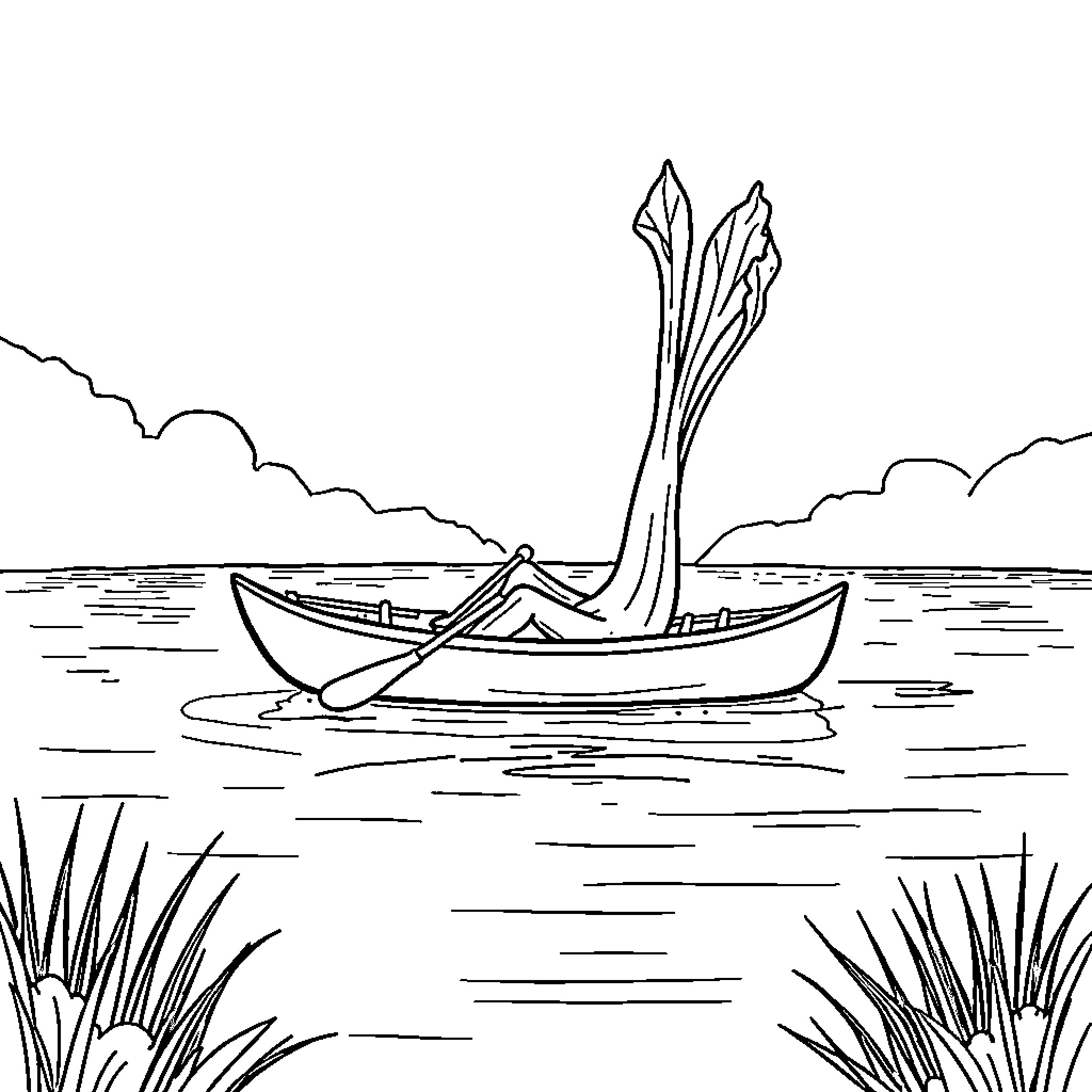 Leek-shaped boat sailing on a calm lake Coloring Page (free black-and-white line drawing printable PDF for all, from beginners to advanced learners, including children, teens, adults, and seniors)