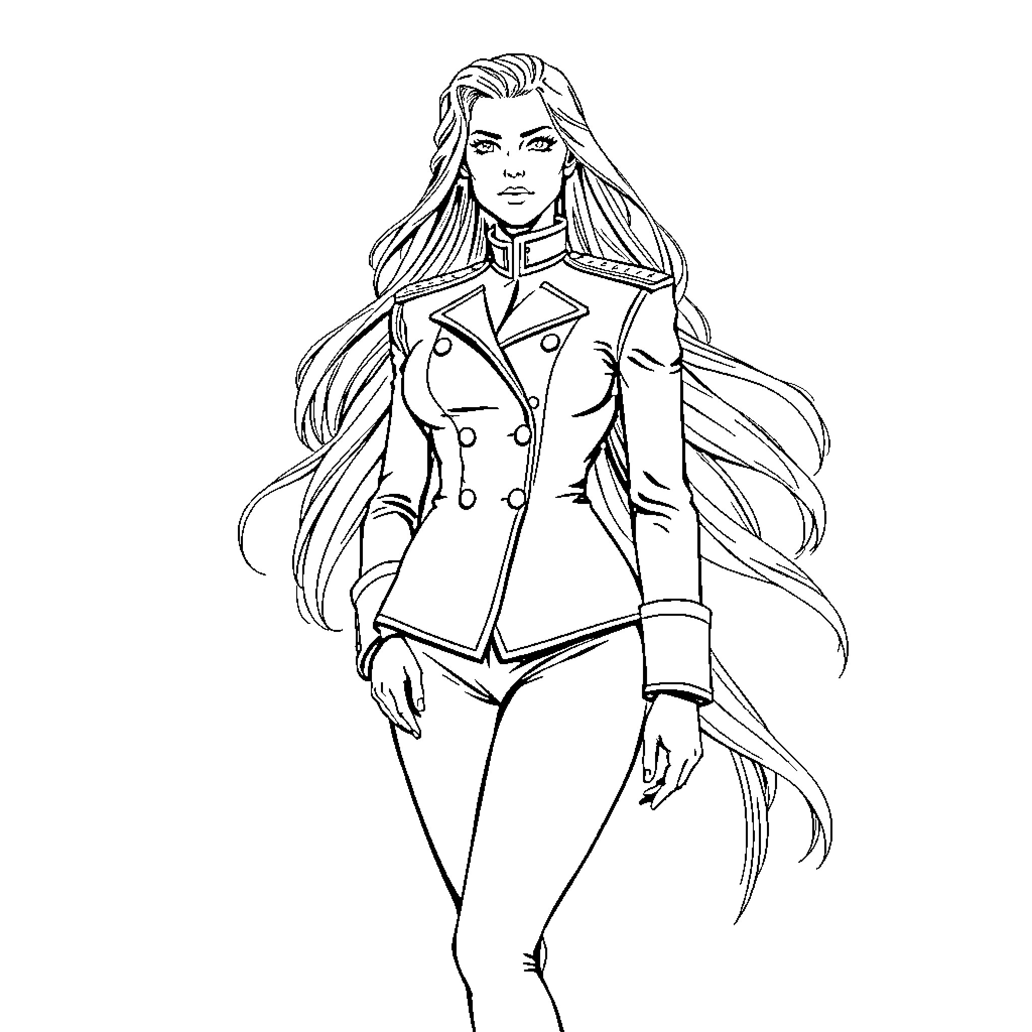 Lady Oscar in Elegant Military Uniform Coloring Page (free black-and-white line drawing printable PDF for all, from beginners to advanced learners, including children, teens, adults, and seniors)