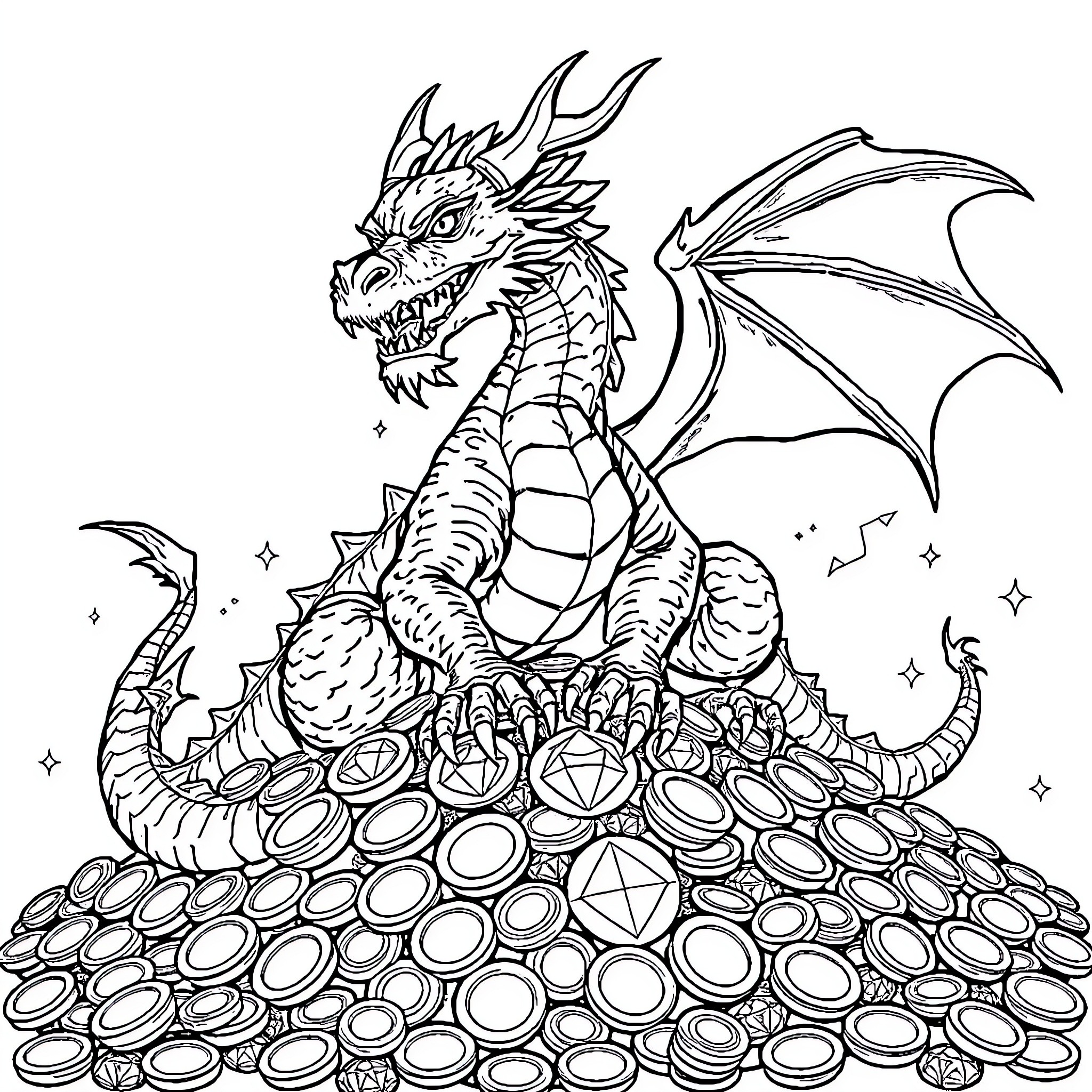 Dragon guarding a hoard of shiny treasures Coloring Page (free black-and-white line drawing printable PDF for all, from beginners to advanced learners, including children, teens, adults, and seniors)