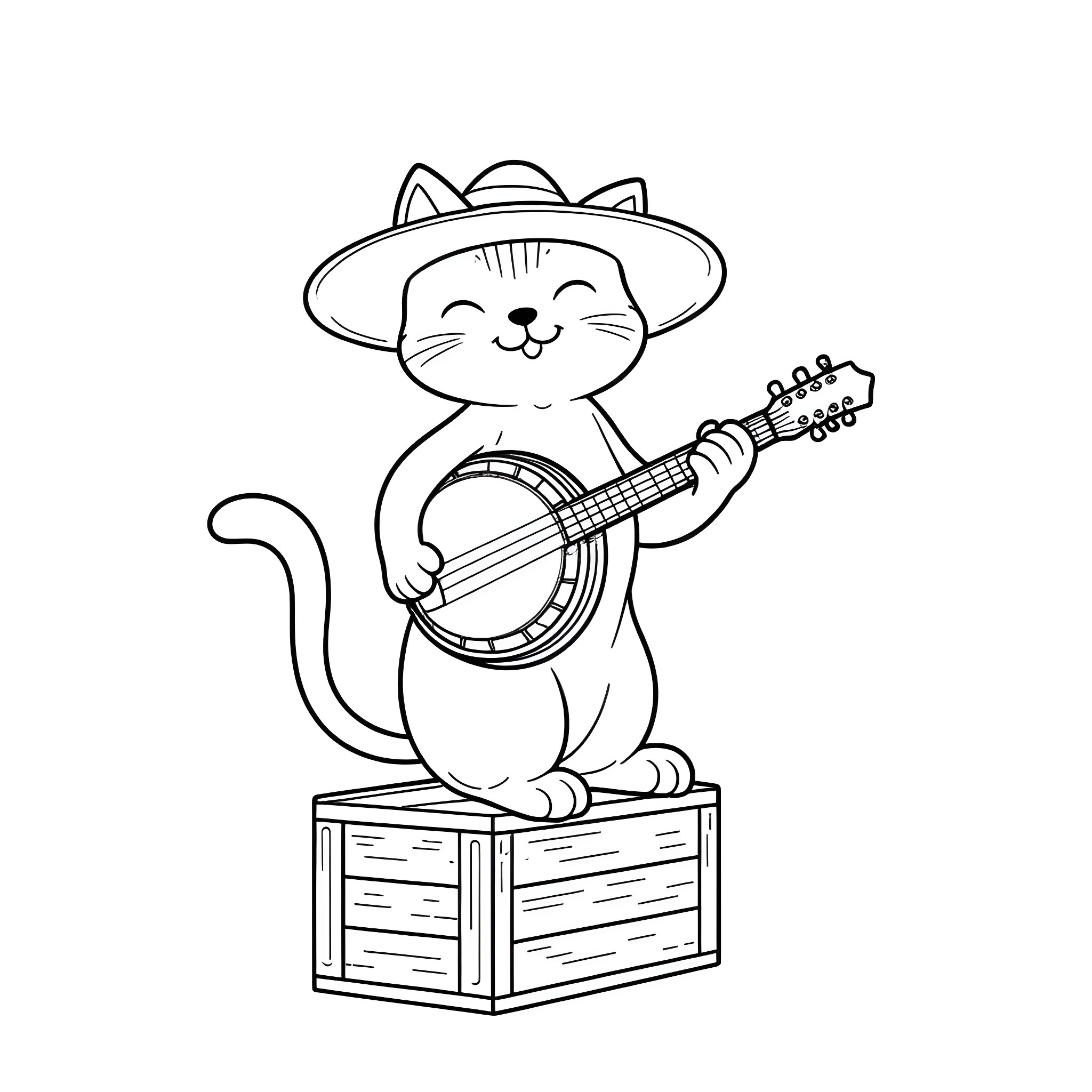 Cat musician playing banjo on crate Coloring Page (free black-and-white line drawing printable PDF for all, from beginners to advanced learners, including children, teens, adults, and seniors)