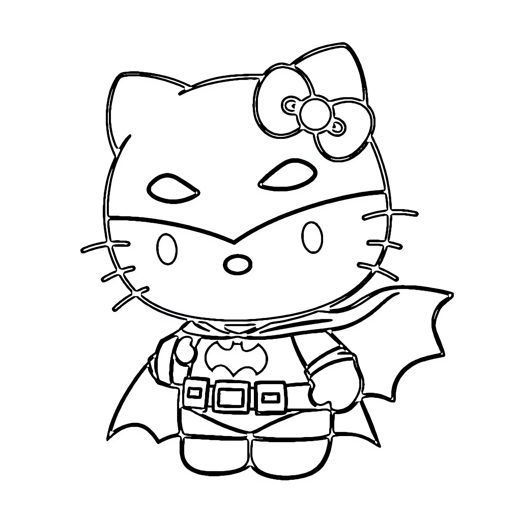 Hello Kitty as a superhero Coloring Page (free black-and-white line drawing printable PDF for all, from beginners to advanced learners, including children, teens, adults, and seniors)