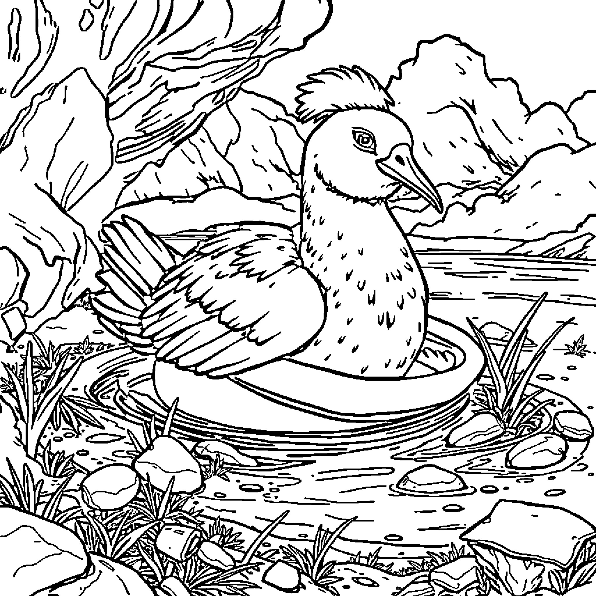 Pato swimming happily in the pond Coloring Page (free black-and-white line drawing printable PDF for all, from beginners to advanced learners, including children, teens, adults, and seniors)
