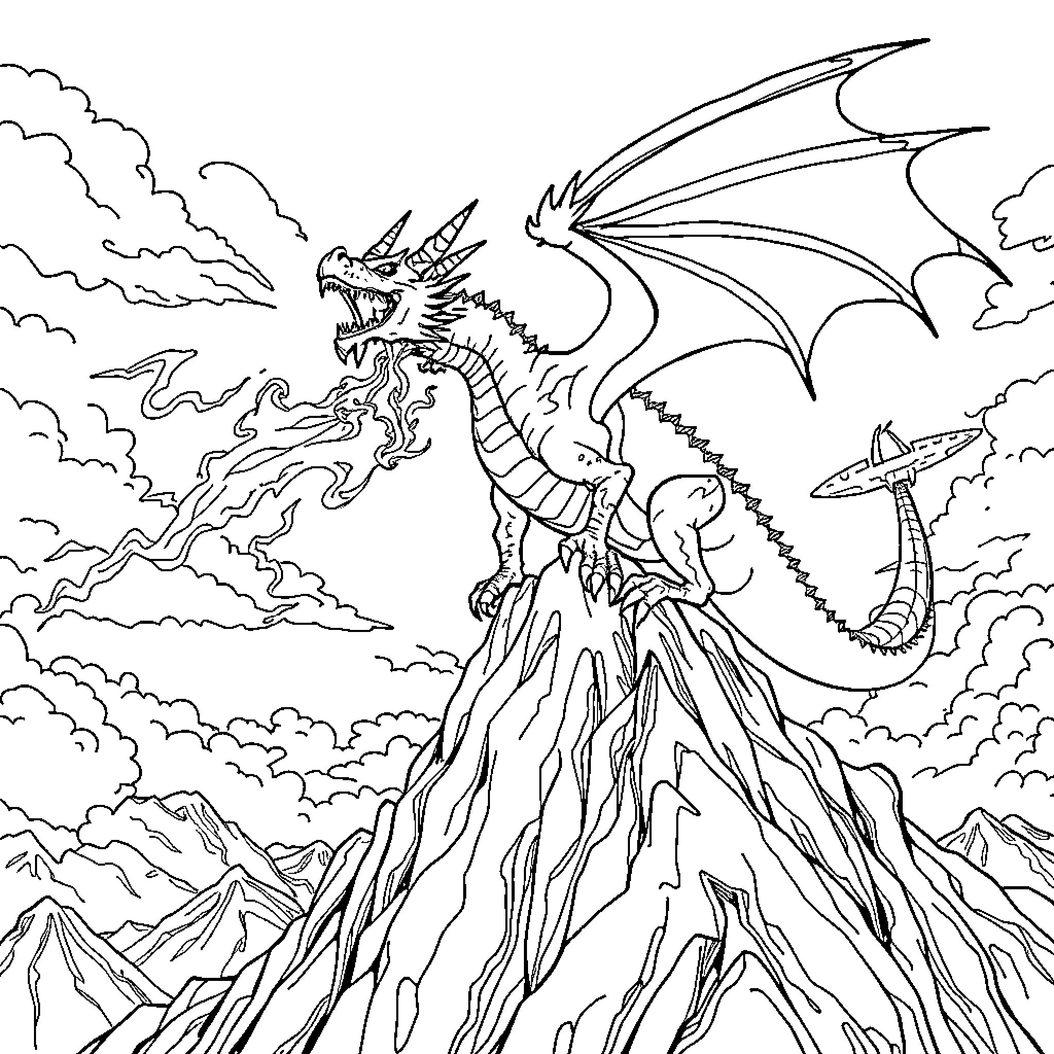 Dragon soaring majestically over rugged mountains Coloring Page (free black-and-white line drawing printable PDF for all, from beginners to advanced learners, including children, teens, adults, and seniors)