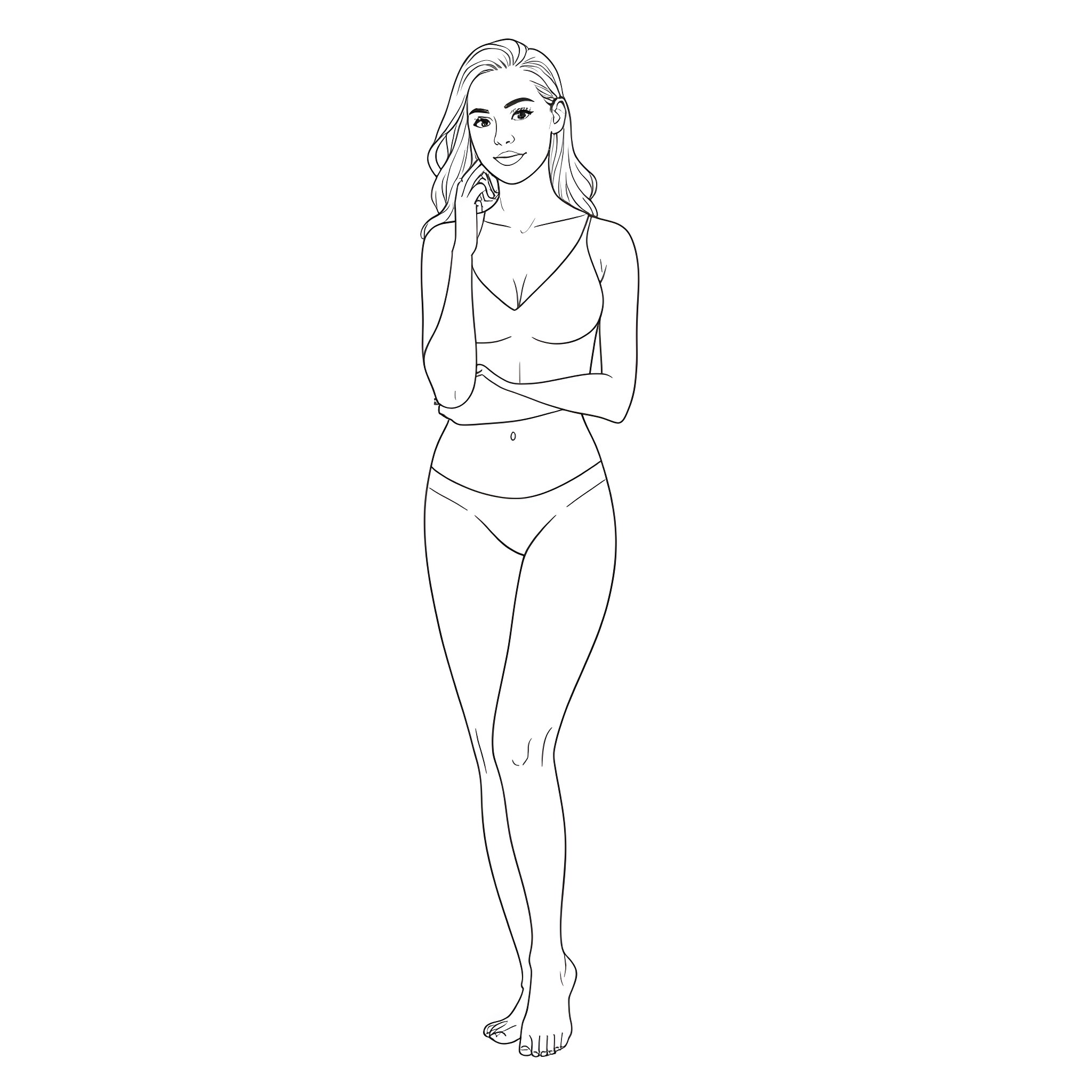 Woman in casual sportswear posing confidently Coloring Page (free black-and-white line drawing printable PDF for all, from beginners to advanced learners, including children, teens, adults, and seniors)