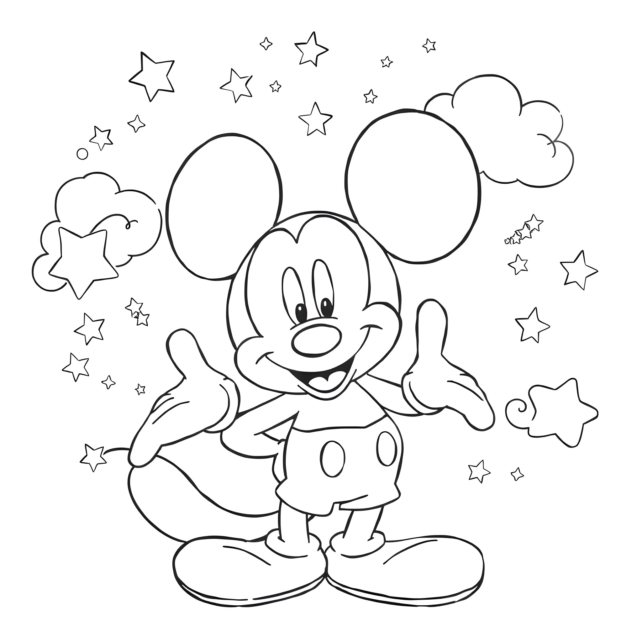 Mickey Mouse surrounded by playful stars Coloring Page (free black-and-white line drawing printable PDF for all, from beginners to advanced learners, including children, teens, adults, and seniors)