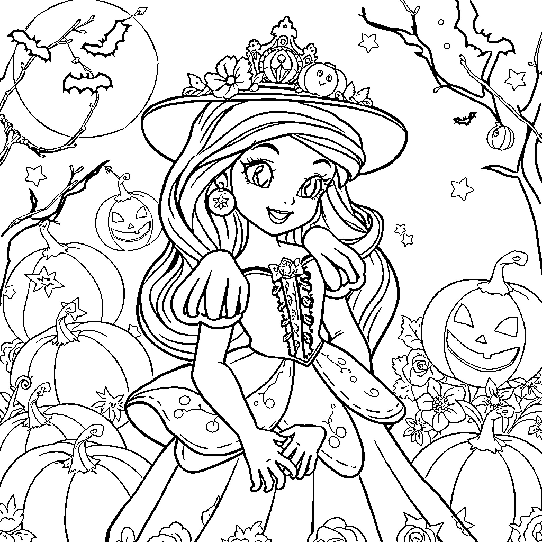 Disney Princess Enjoying Spooky Halloween Celebration Coloring Page (free black-and-white line drawing printable PDF for all, from beginners to advanced learners, including children, teens, adults, and seniors)