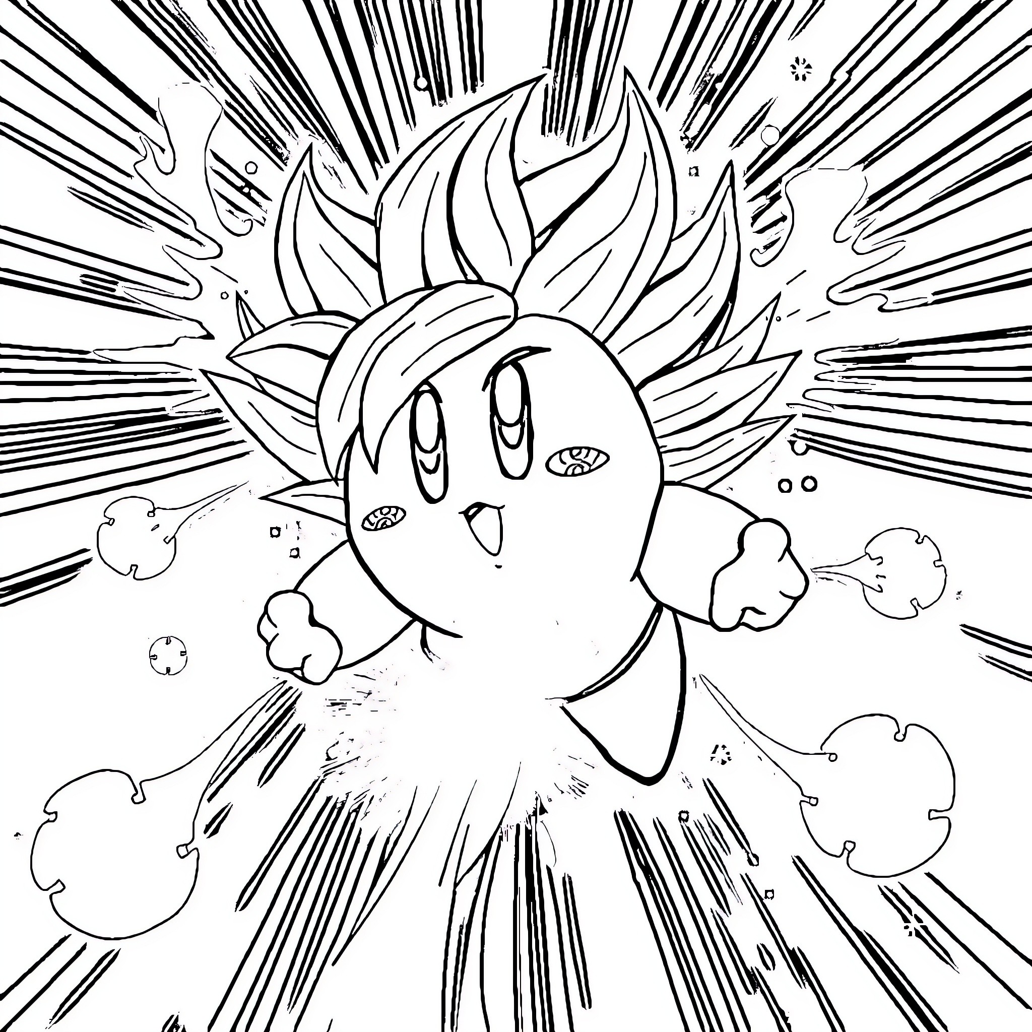 Kirby in a Cosmic Explosion Coloring Page (free black-and-white line drawing printable PDF for all, from beginners to advanced learners, including children, teens, adults, and seniors)