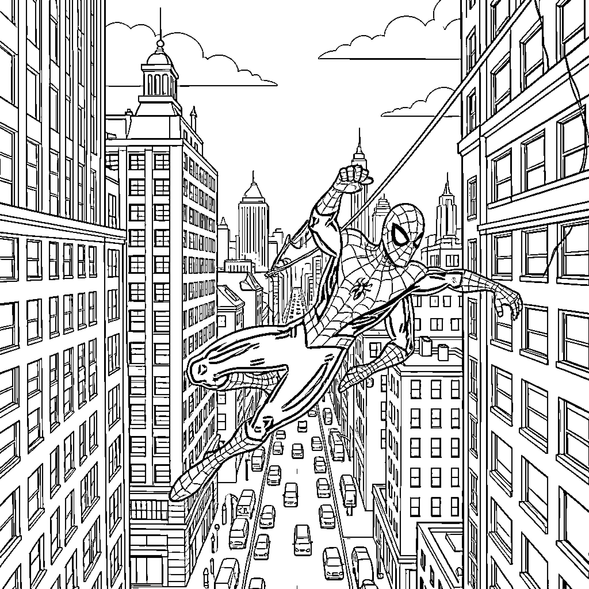 Spiderman swinging through a busy city street Coloring Page (free black-and-white line drawing printable PDF for all, from beginners to advanced learners, including children, teens, adults, and seniors)
