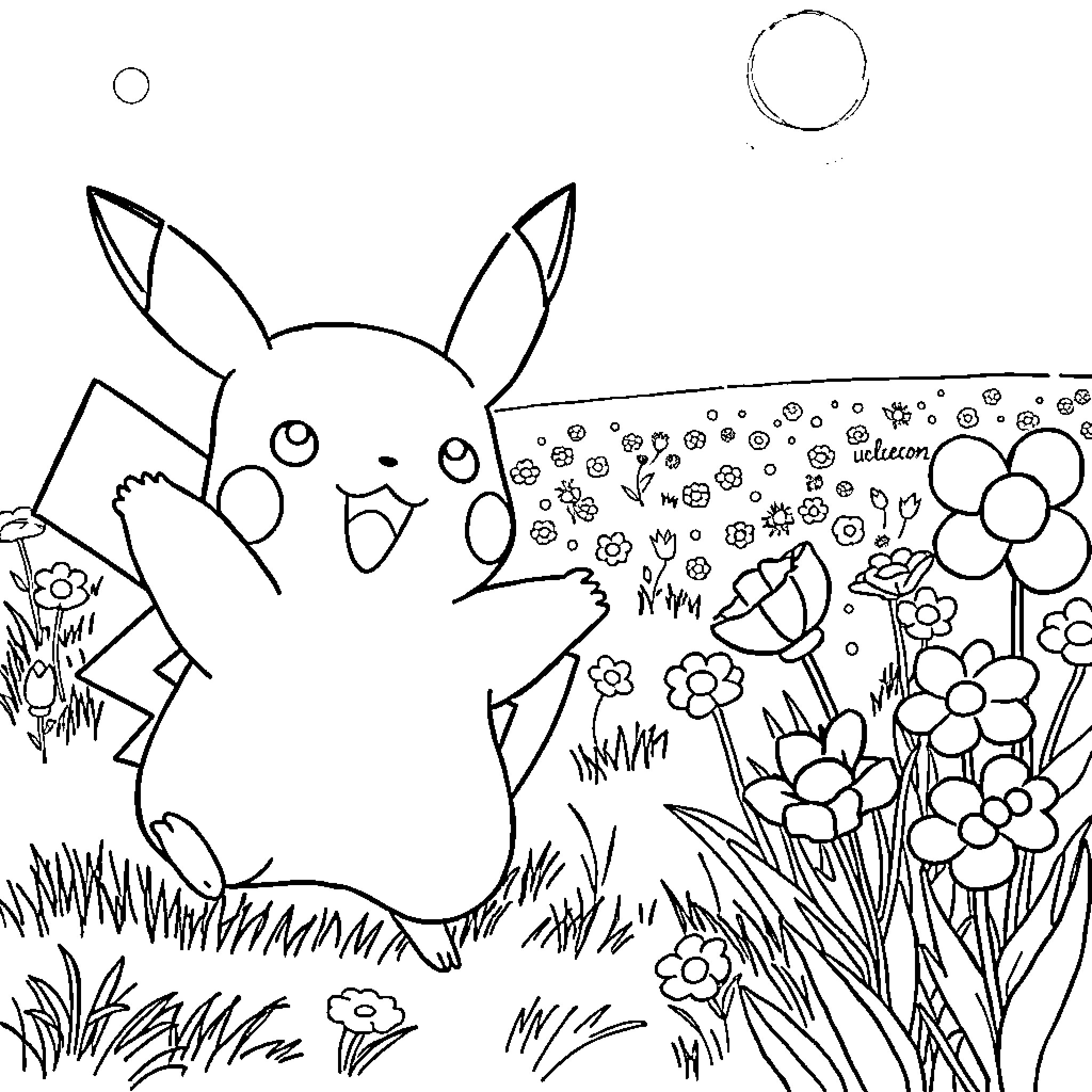Pikachu playing happily in a floral field Coloring Page (free black-and-white line drawing printable PDF for all, from beginners to advanced learners, including children, teens, adults, and seniors)
