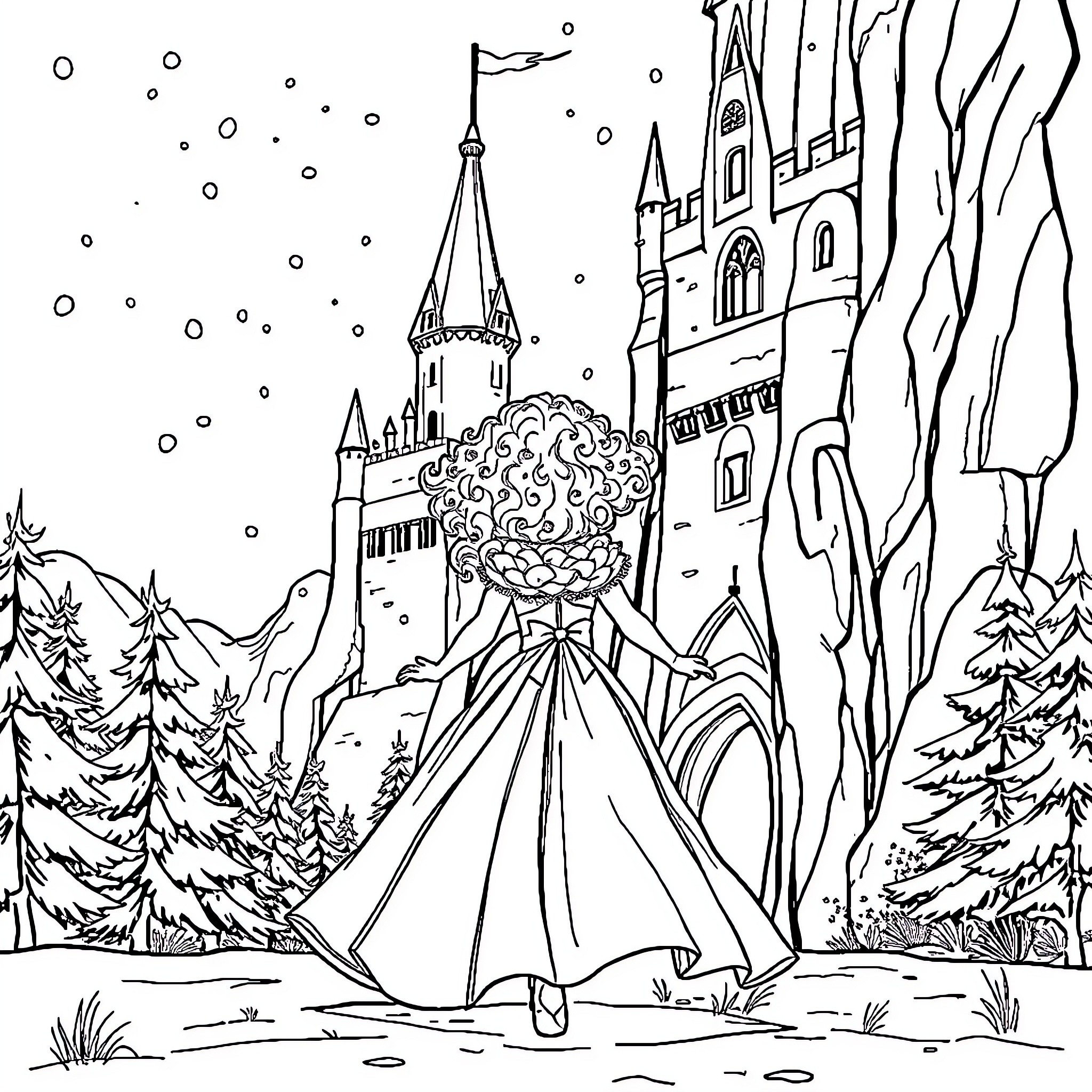 Girl in winter dress walking towards castle Coloring Page (free black-and-white line drawing printable PDF for all, from beginners to advanced learners, including children, teens, adults, and seniors)