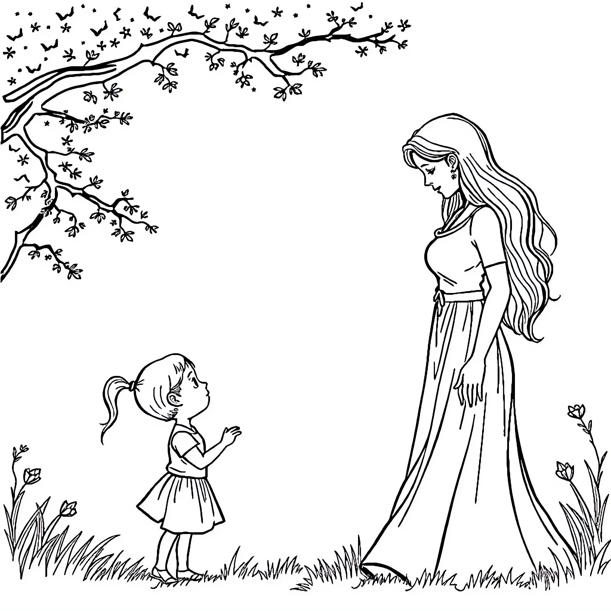 Mother and daughter enjoy nature's beauty Coloring Page (free black-and-white line drawing printable PDF for all, from beginners to advanced learners, including children, teens, adults, and seniors)