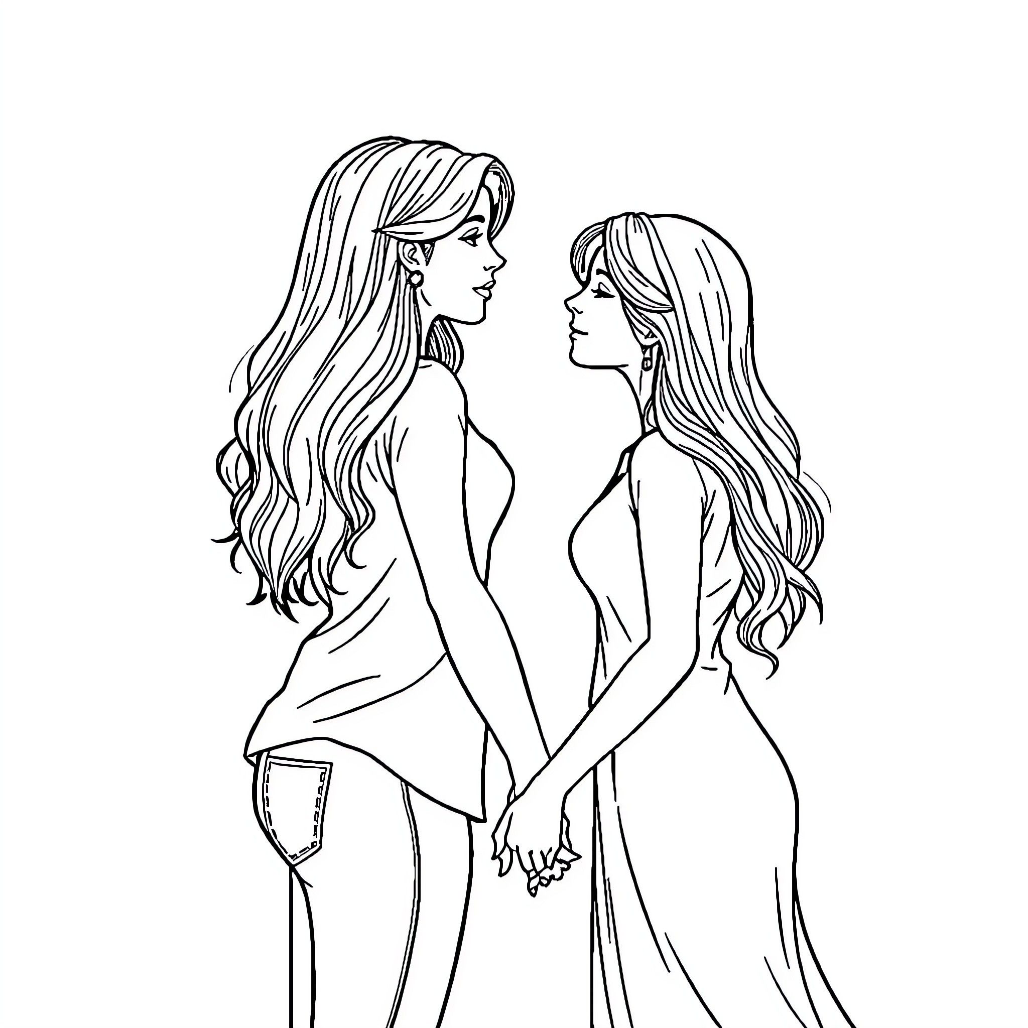 Lesbian couple in elegant dresses gazing affectionately Coloring Page (free black-and-white line drawing printable PDF for all, from beginners to advanced learners, including children, teens, adults, and seniors)