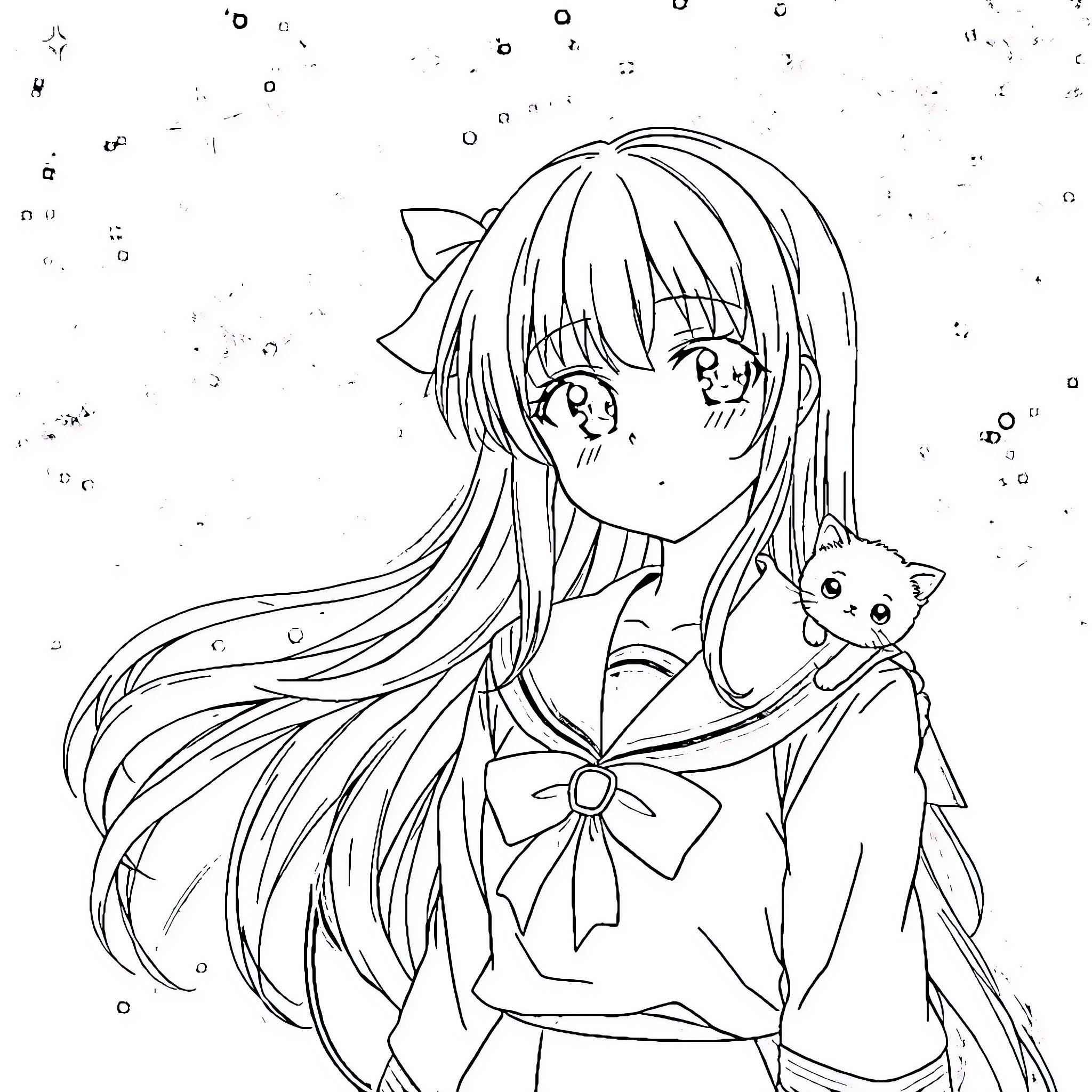 Manga Girl in Cute Outfit with Pet Cat Coloring Page (free black-and-white line drawing printable PDF for all, from beginners to advanced learners, including children, teens, adults, and seniors)
