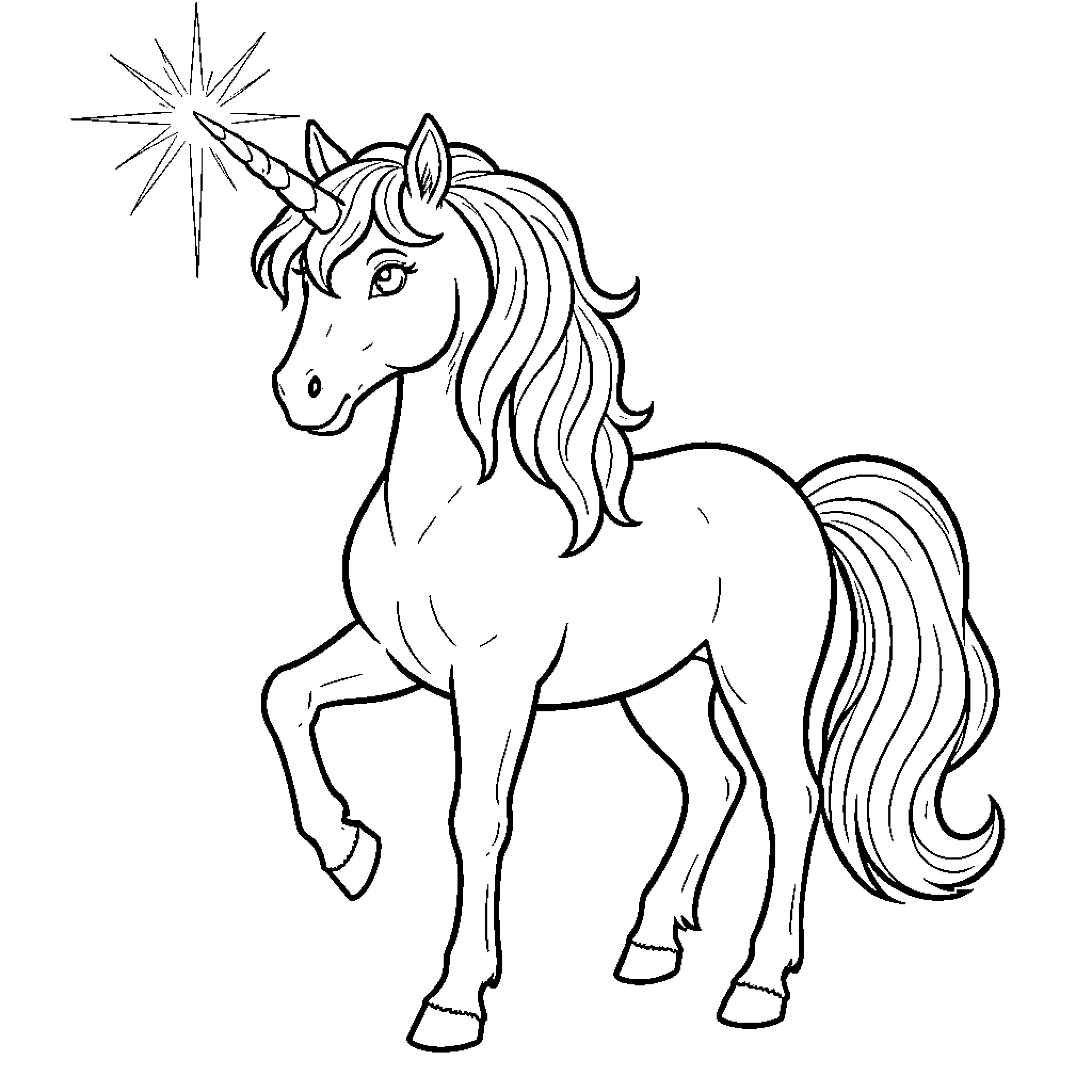 Unicorn with shimmering star in the night Coloring Page (free black-and-white line drawing printable PDF for all, from beginners to advanced learners, including children, teens, adults, and seniors)