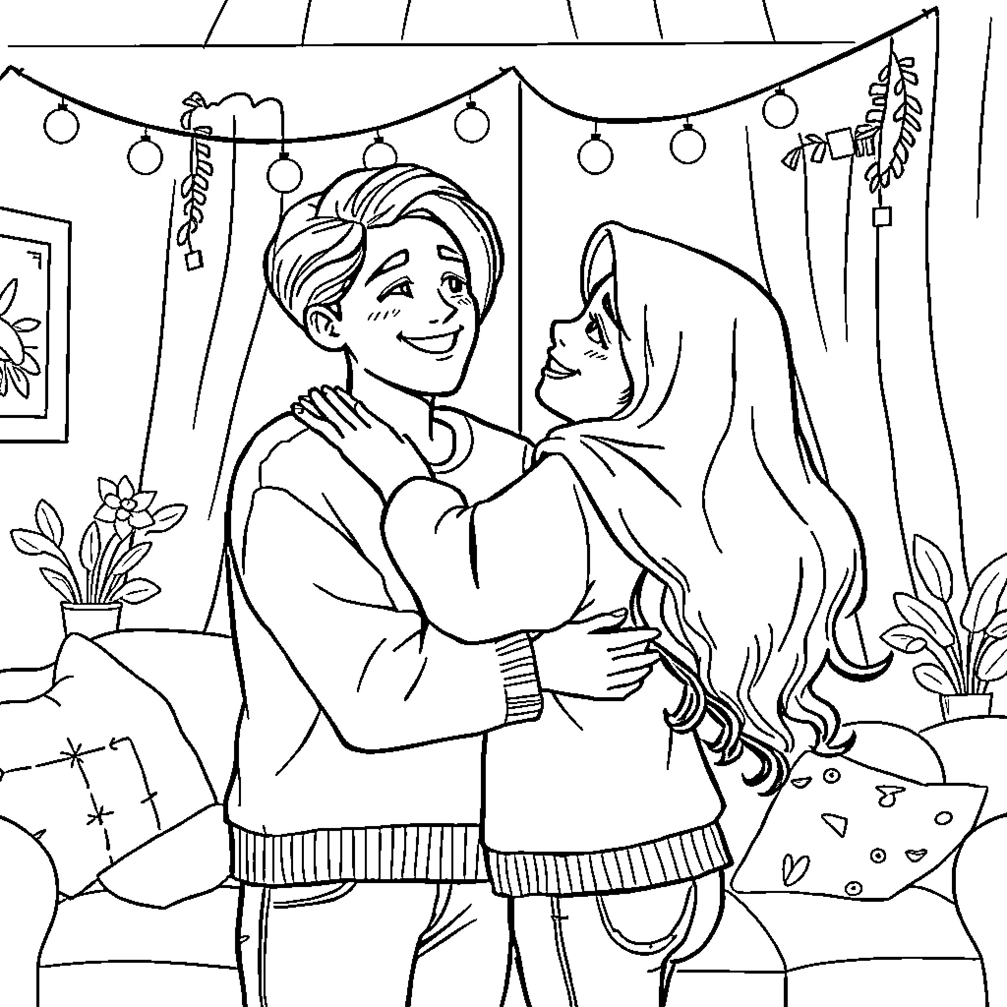 Raya's joyful celebration with loved one Coloring Page (free black-and-white line drawing printable PDF for all, from beginners to advanced learners, including children, teens, adults, and seniors)