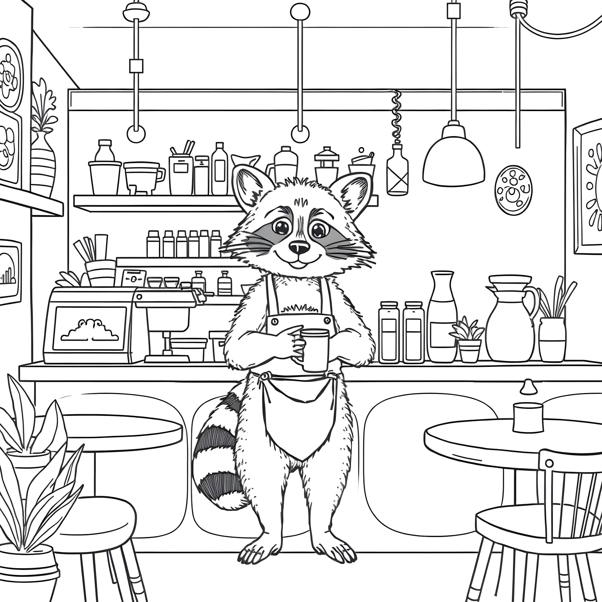 Raccoon working as a barista in a cozy cafe Coloring Page (free black-and-white line drawing printable PDF for all, from beginners to advanced learners, including children, teens, adults, and seniors)