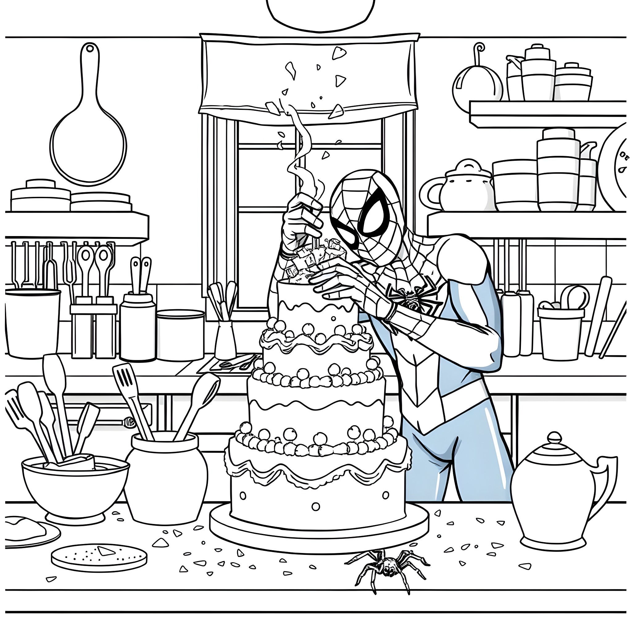 Spiderman decorating a cake in the kitchen Coloring Page (free black-and-white line drawing printable PDF for all, from beginners to advanced learners, including children, teens, adults, and seniors)