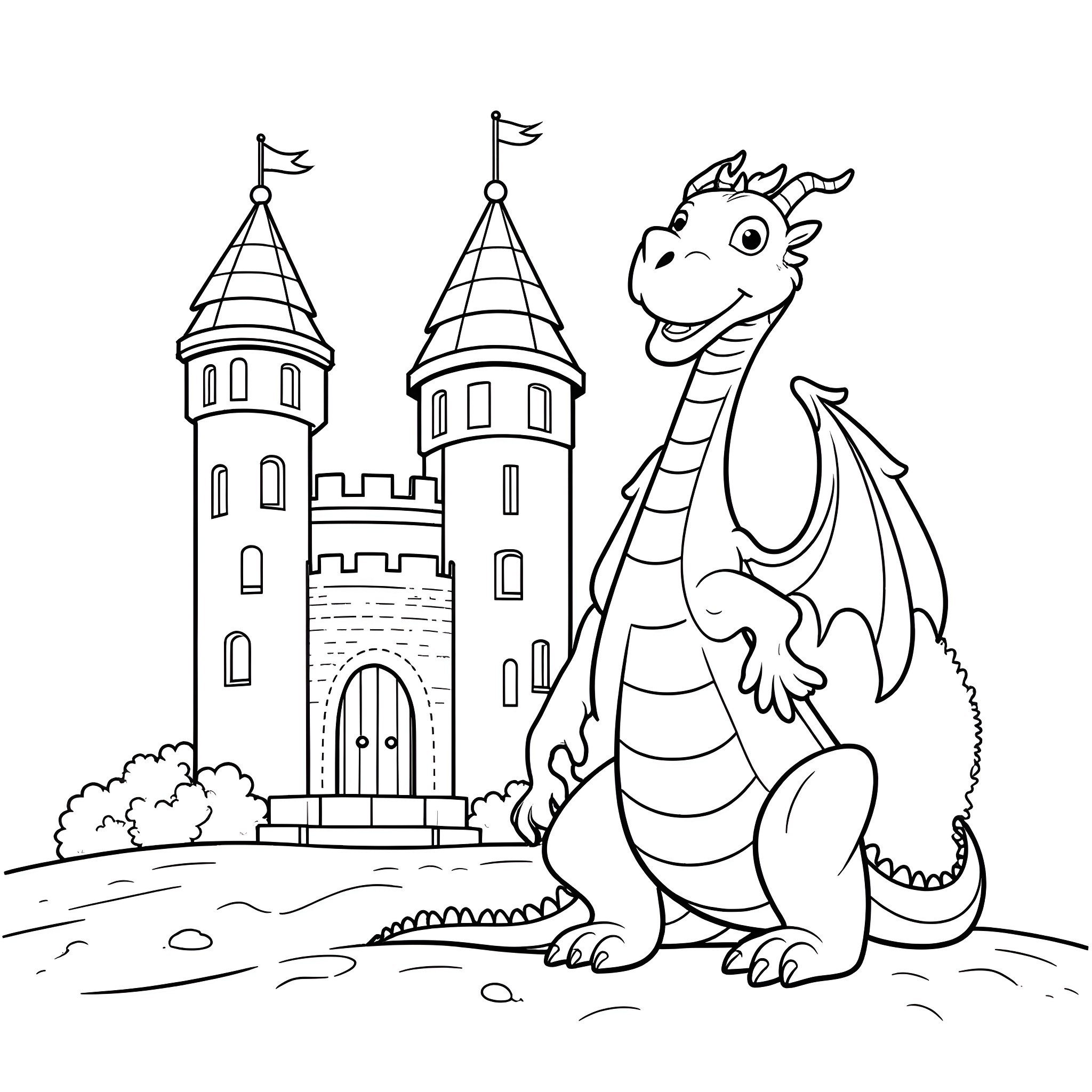 Dragon Guarding a Whimsical Castle Coloring Page (free black-and-white line drawing printable PDF for all, from beginners to advanced learners, including children, teens, adults, and seniors)