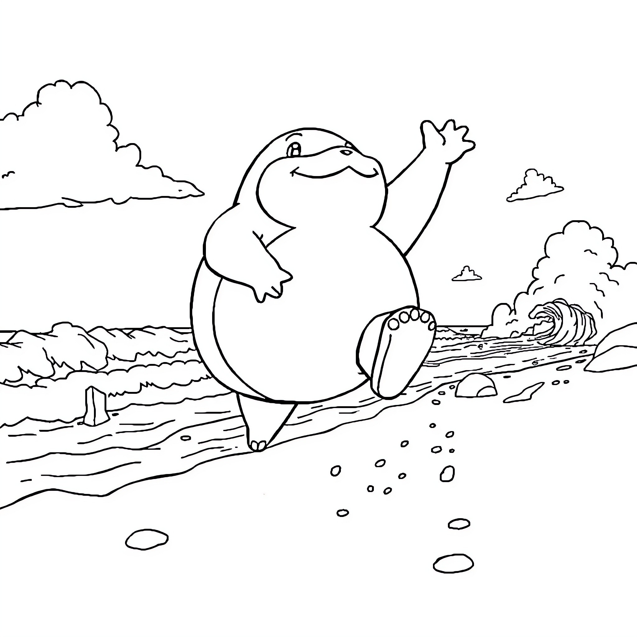 Snorlax relaxing on the beach Coloring Page (free black-and-white line drawing printable PDF for all, from beginners to advanced learners, including children, teens, adults, and seniors)